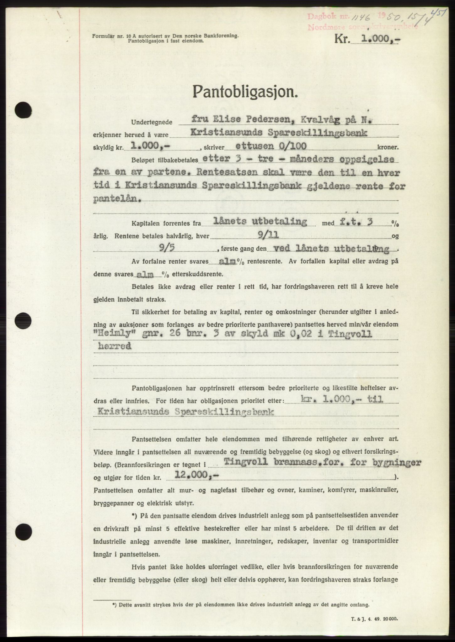 Nordmøre sorenskriveri, AV/SAT-A-4132/1/2/2Ca: Mortgage book no. B104, 1950-1950, Diary no: : 1146/1950