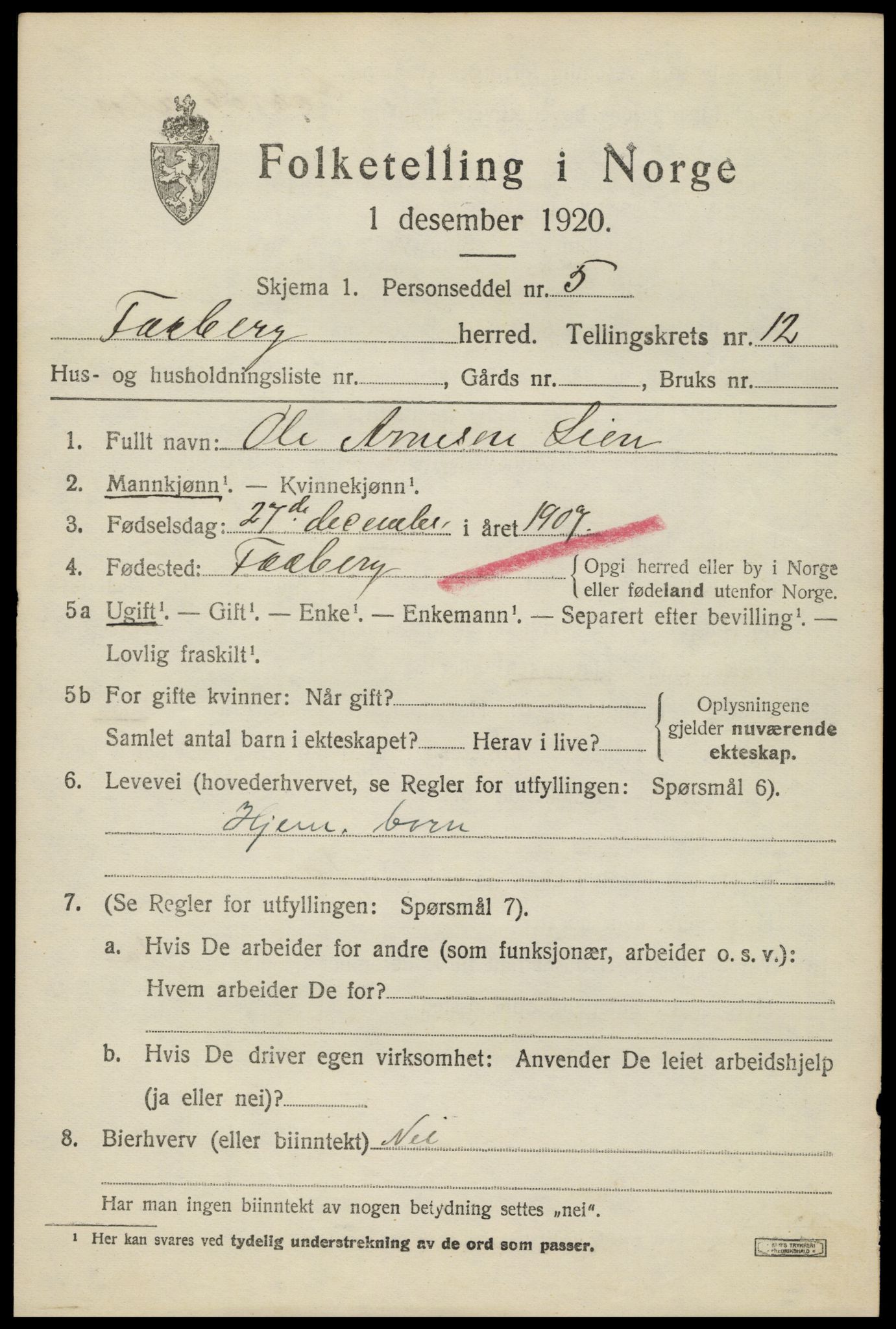 SAH, 1920 census for Fåberg, 1920, p. 12728