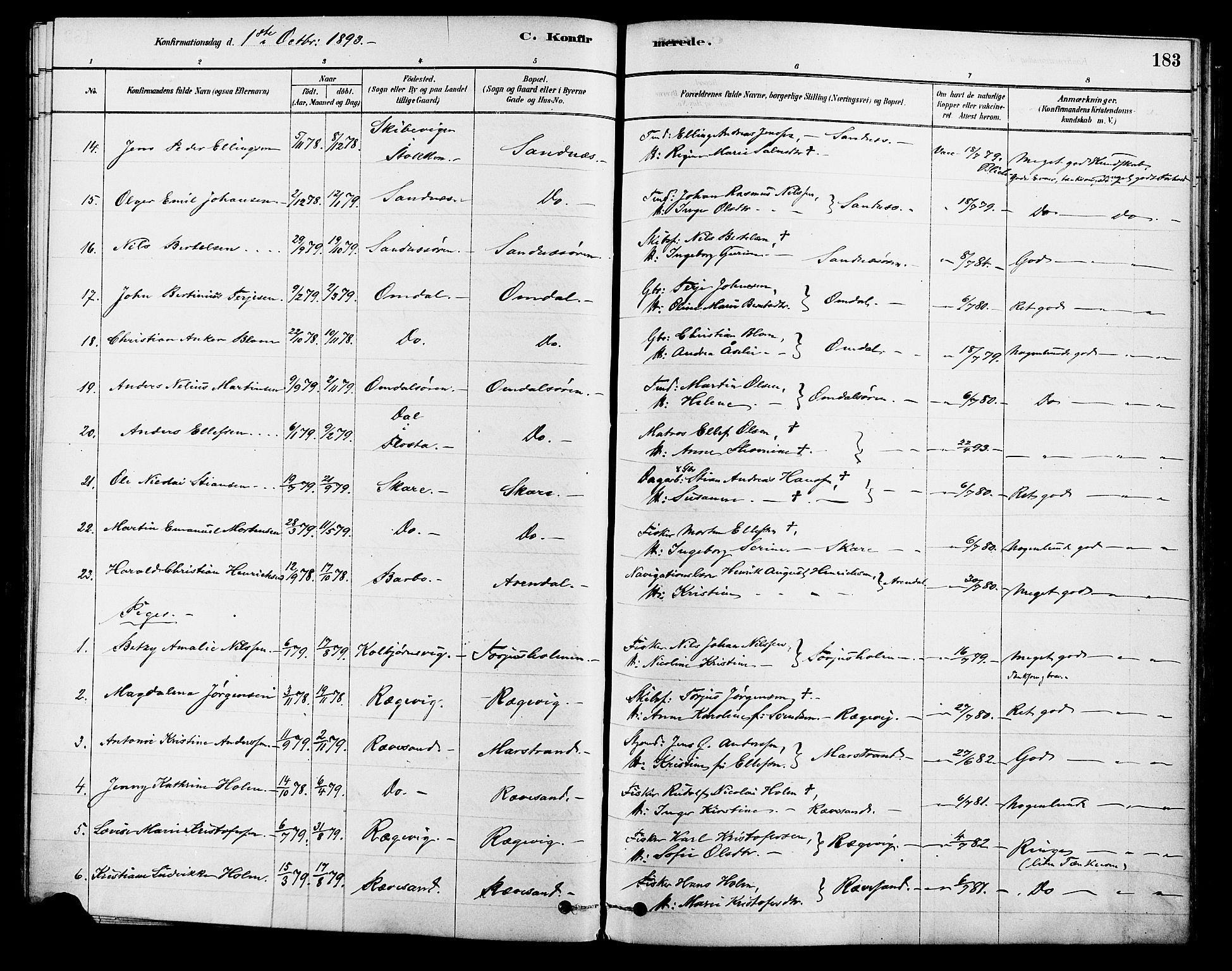 Tromøy sokneprestkontor, AV/SAK-1111-0041/F/Fa/L0009: Parish register (official) no. A 9, 1878-1896, p. 183