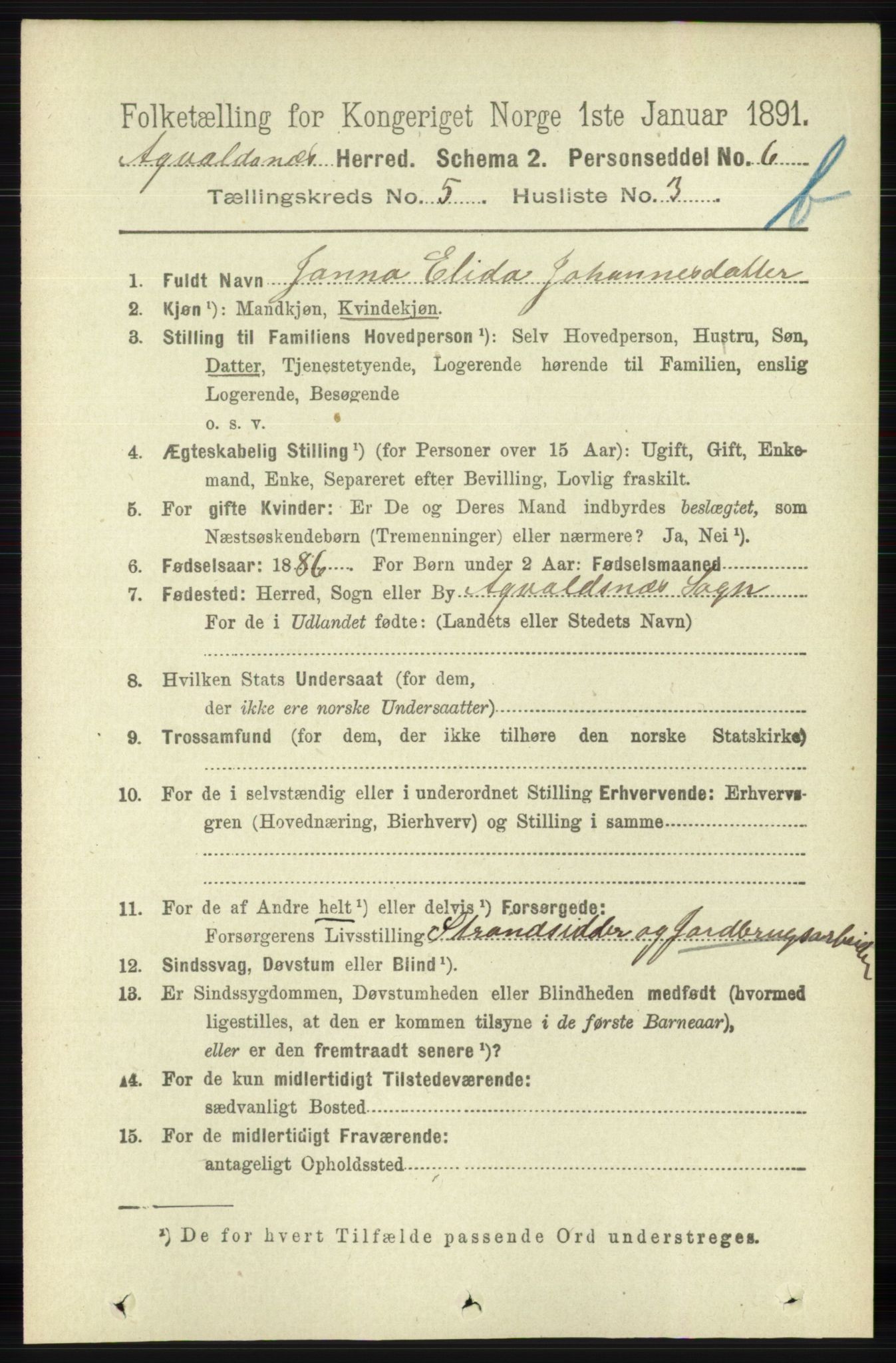 RA, 1891 census for 1147 Avaldsnes, 1891, p. 3035