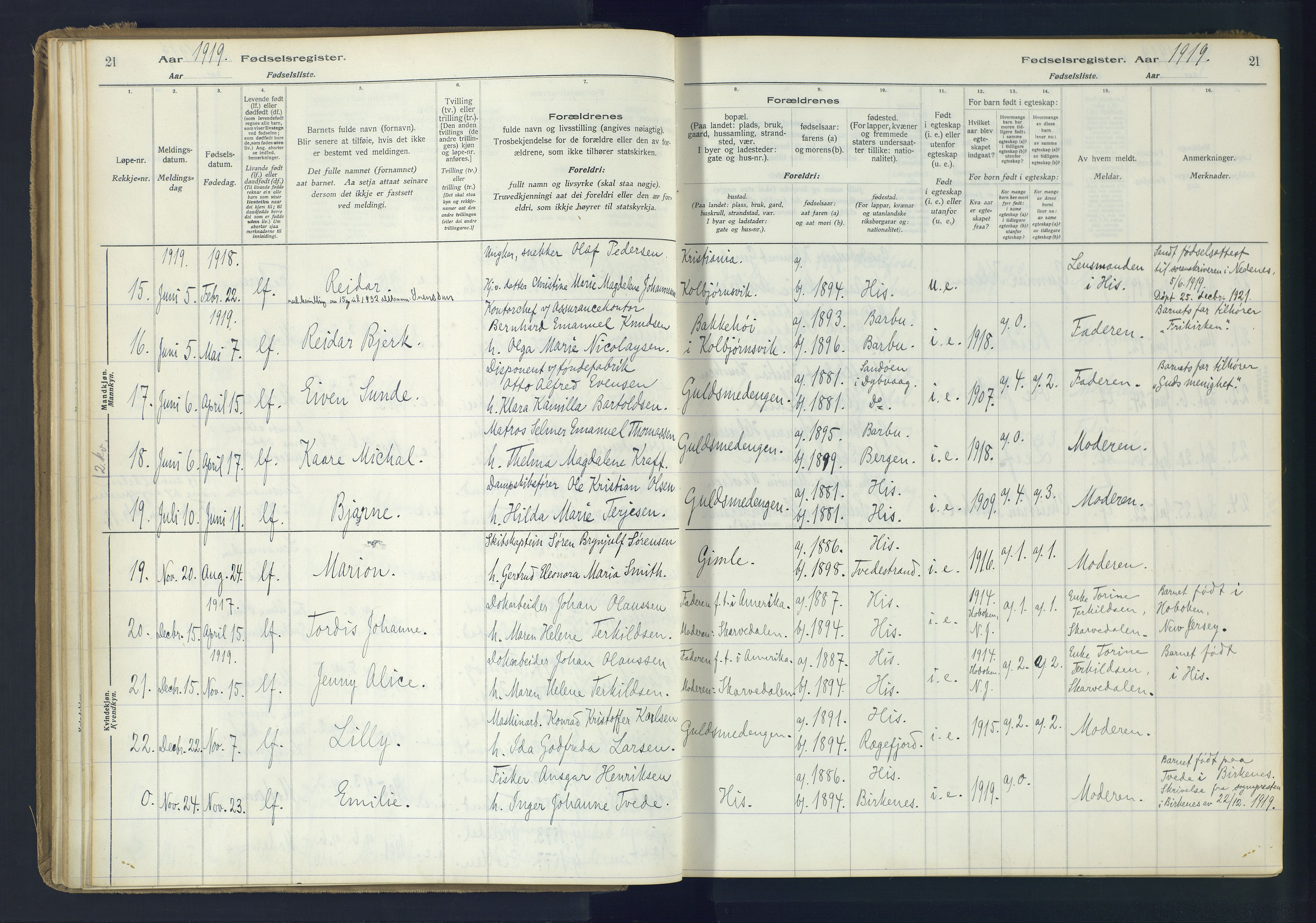 Hisøy sokneprestkontor, AV/SAK-1111-0020/J/Ja/L0001: Birth register no. A-VI-14, 1916-1951, p. 21