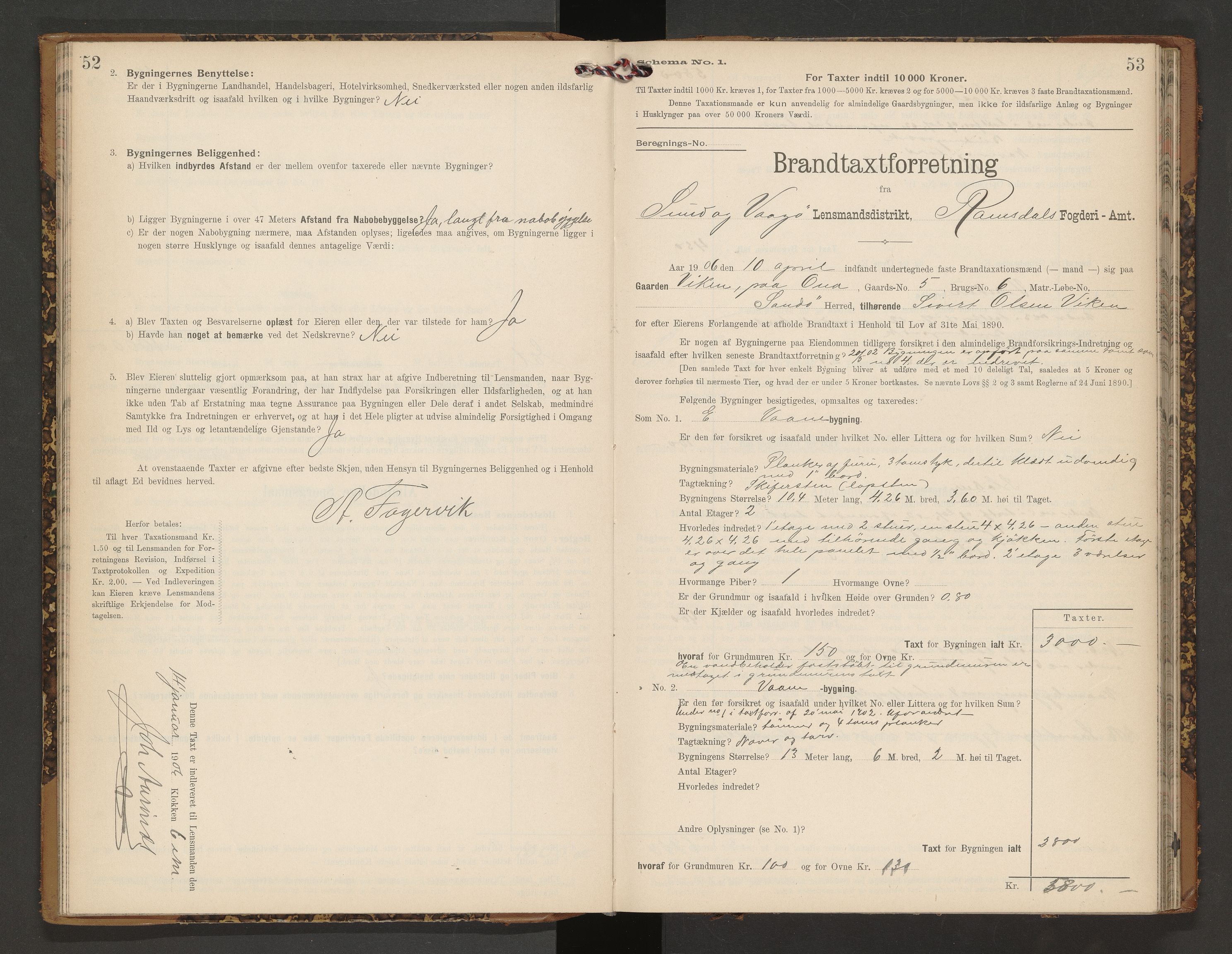 Norges Brannkasse Vågøy og Sund, AV/SAT-A-5504/Fb/L0002: Branntakstprotokoll, 1904-1913, p. 52-53