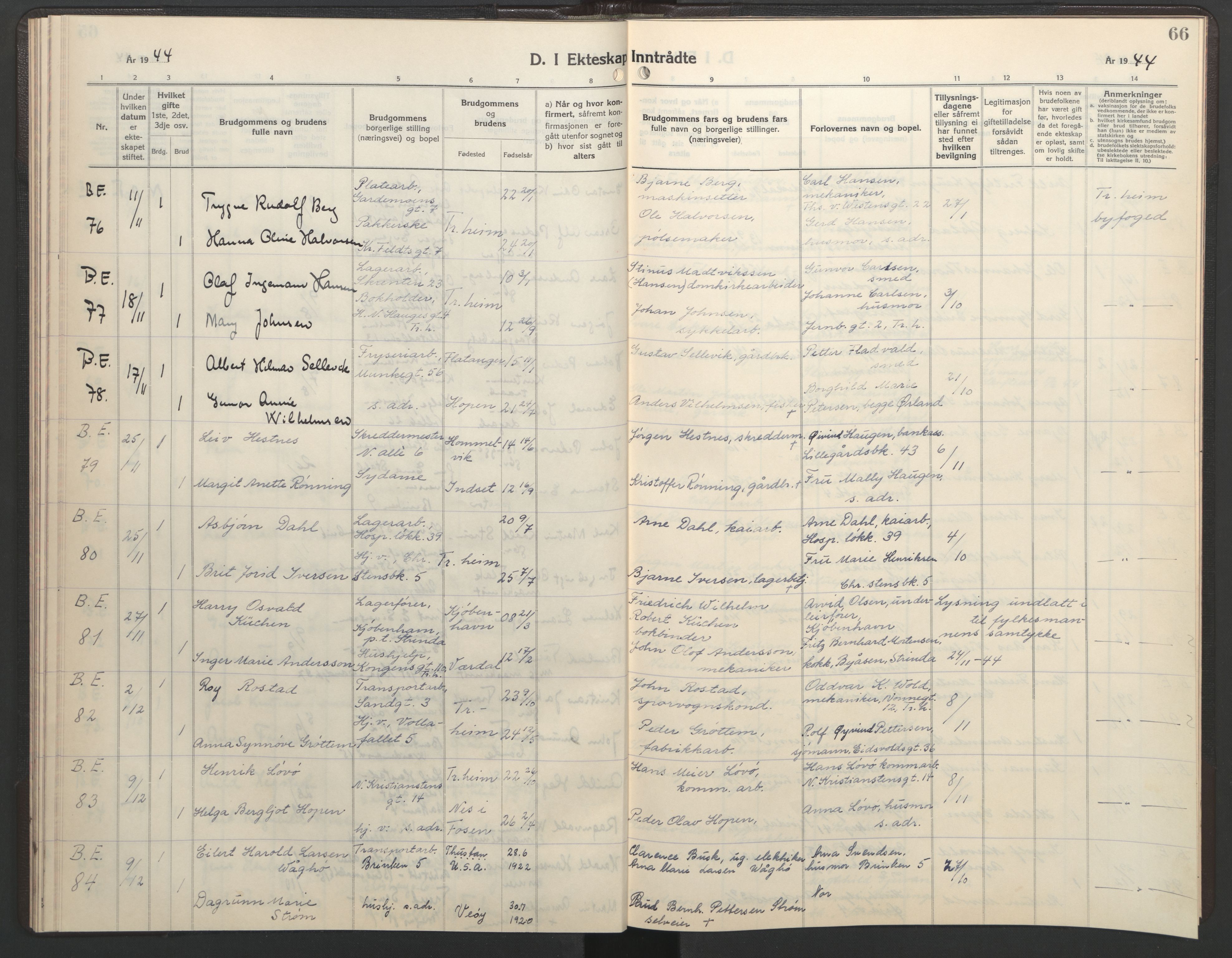 Ministerialprotokoller, klokkerbøker og fødselsregistre - Sør-Trøndelag, AV/SAT-A-1456/602/L0154: Parish register (copy) no. 602C22, 1940-1947, p. 66