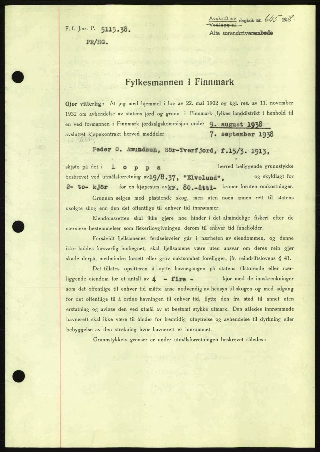 Alta fogderi/sorenskriveri, SATØ/SATØ-5/1/K/Kd/L0031pantebok: Mortgage book no. 31, 1938-1939, Diary no: : 645/1938