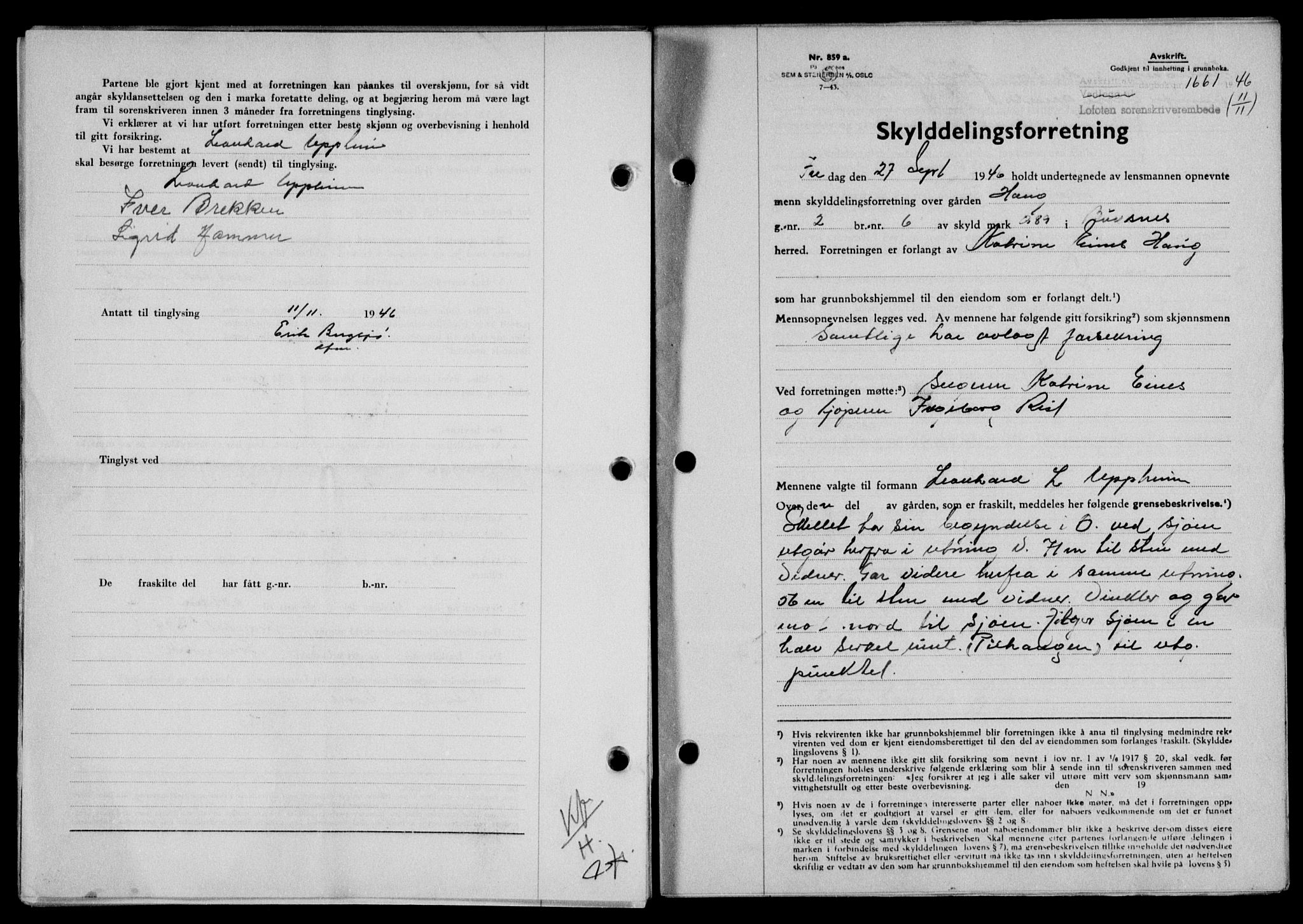 Lofoten sorenskriveri, SAT/A-0017/1/2/2C/L0015a: Mortgage book no. 15a, 1946-1947, Diary no: : 1661/1946