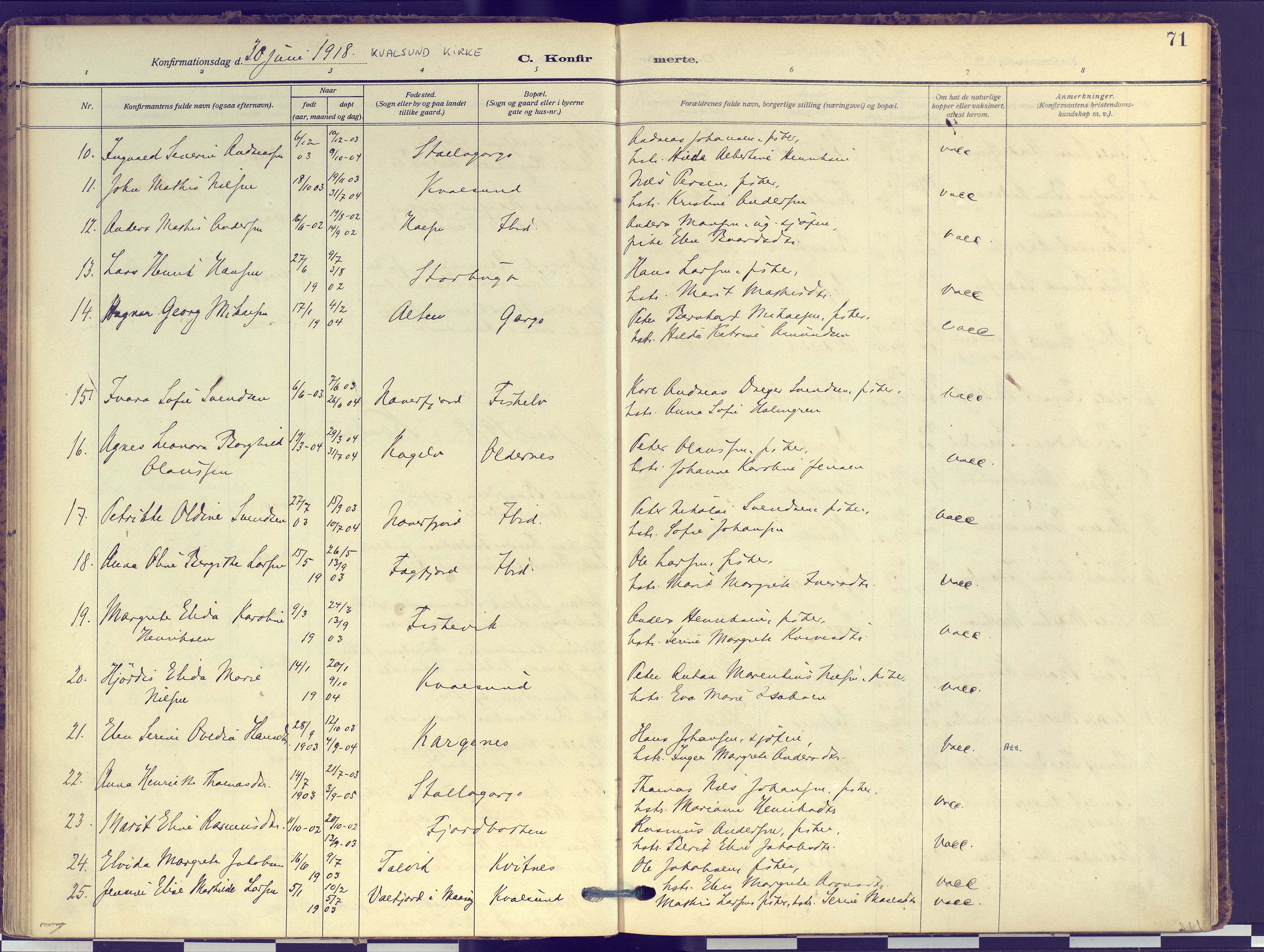 Hammerfest sokneprestkontor, SATØ/S-1347: Parish register (official) no. 16, 1908-1923, p. 71