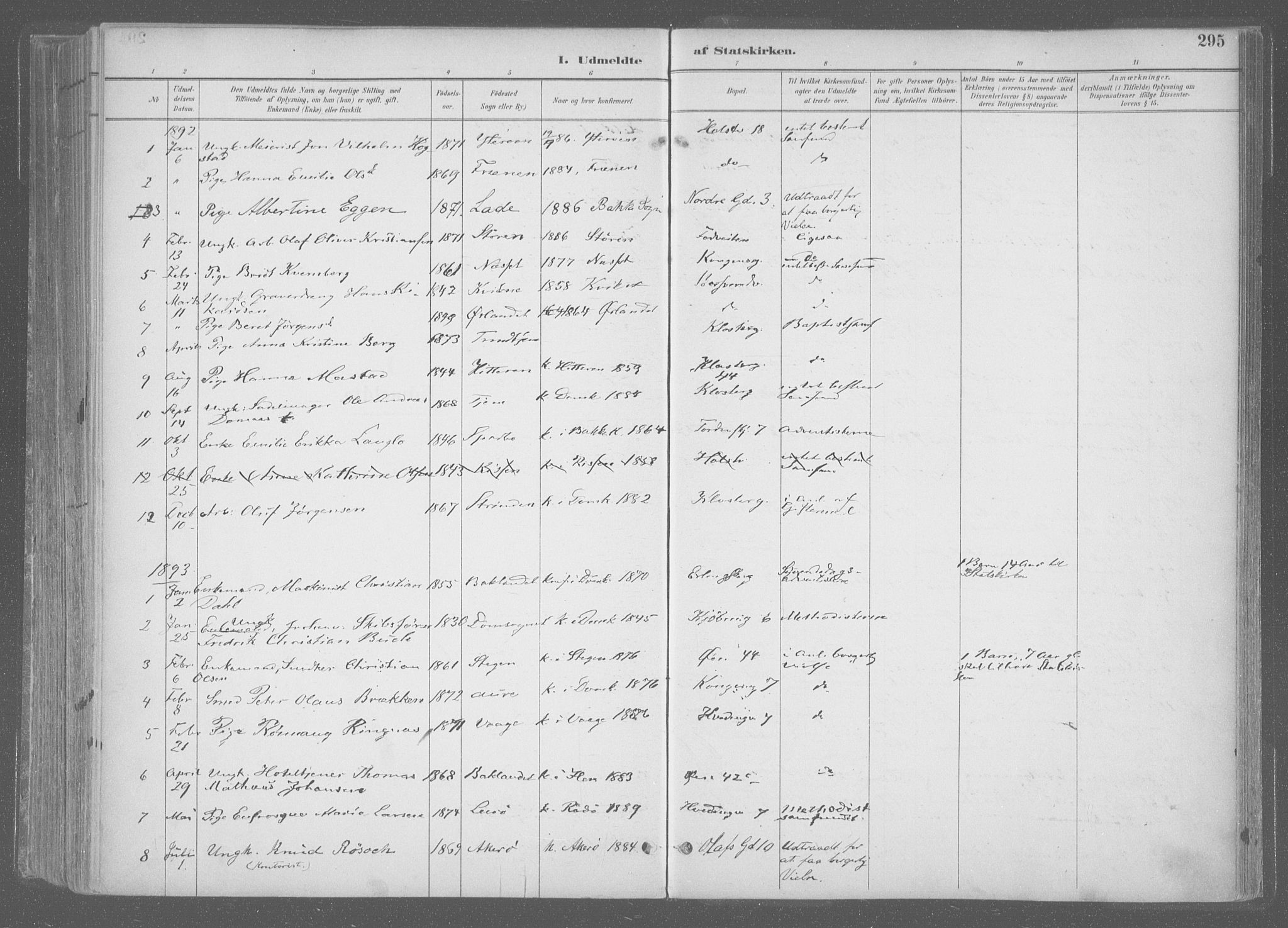 Ministerialprotokoller, klokkerbøker og fødselsregistre - Sør-Trøndelag, SAT/A-1456/601/L0064: Parish register (official) no. 601A31, 1891-1911, p. 295
