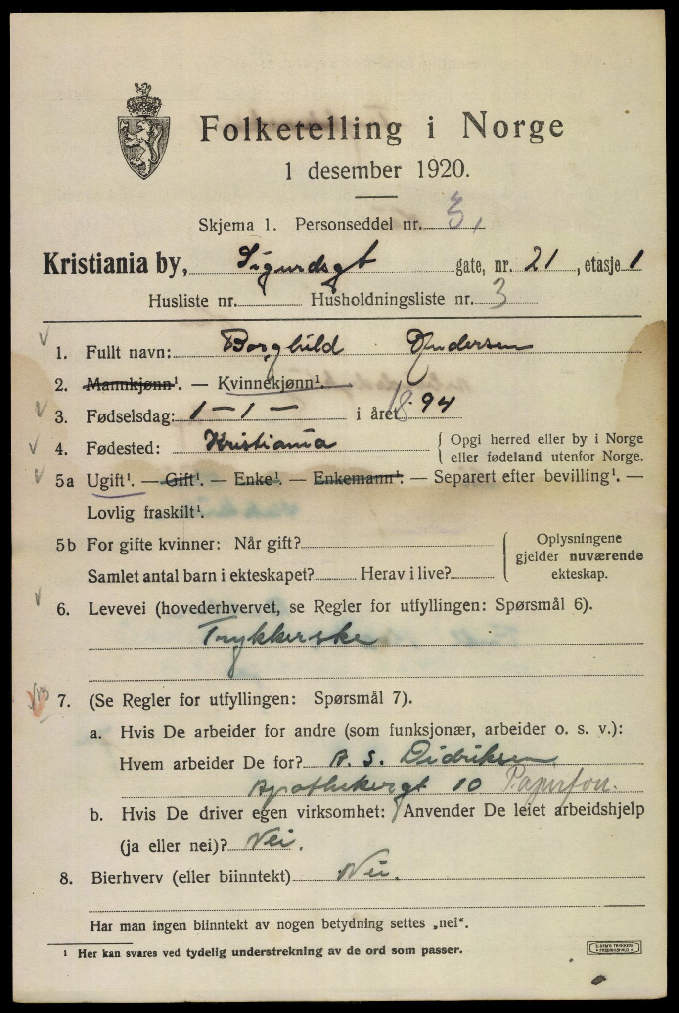 SAO, 1920 census for Kristiania, 1920, p. 511385