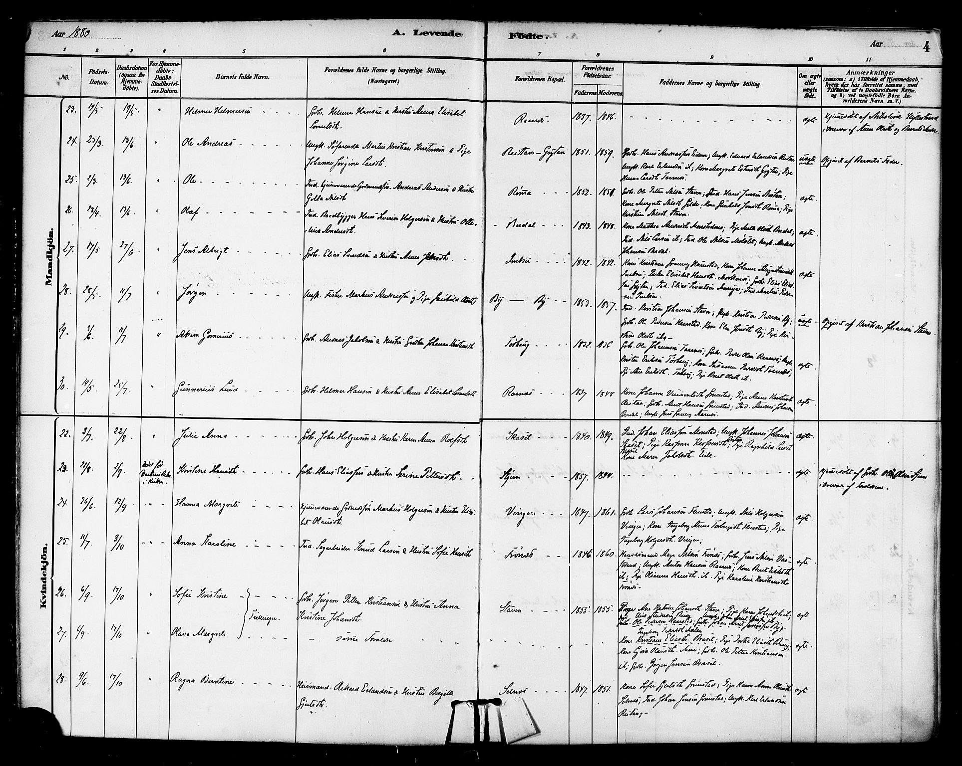 Ministerialprotokoller, klokkerbøker og fødselsregistre - Sør-Trøndelag, SAT/A-1456/655/L0680: Parish register (official) no. 655A09, 1880-1894, p. 4