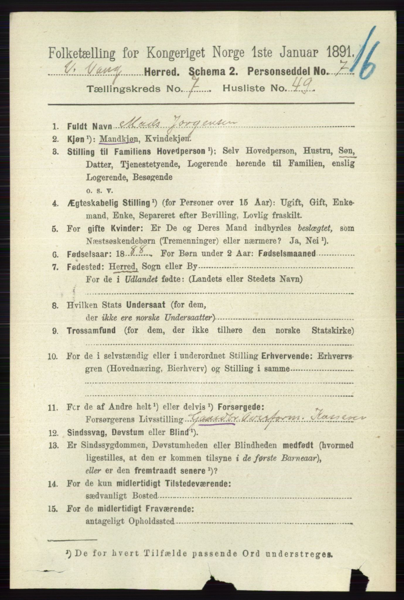 RA, 1891 census for 0545 Vang, 1891, p. 1715