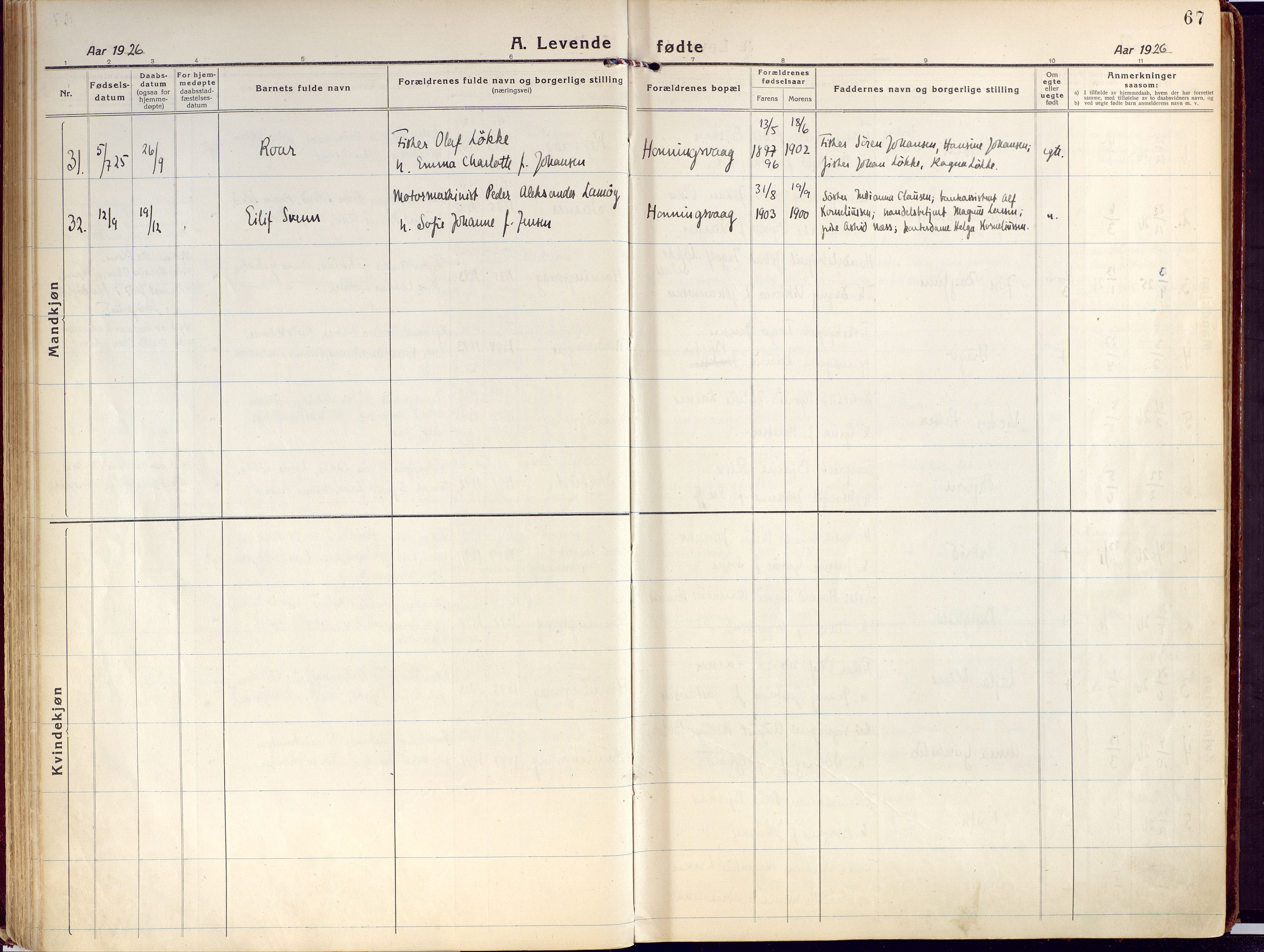 Kjelvik/Nordkapp sokneprestkontor, AV/SATØ-S-1350/H/Ha/L0002kirke: Parish register (official) no. 2, 1920-1929, p. 67