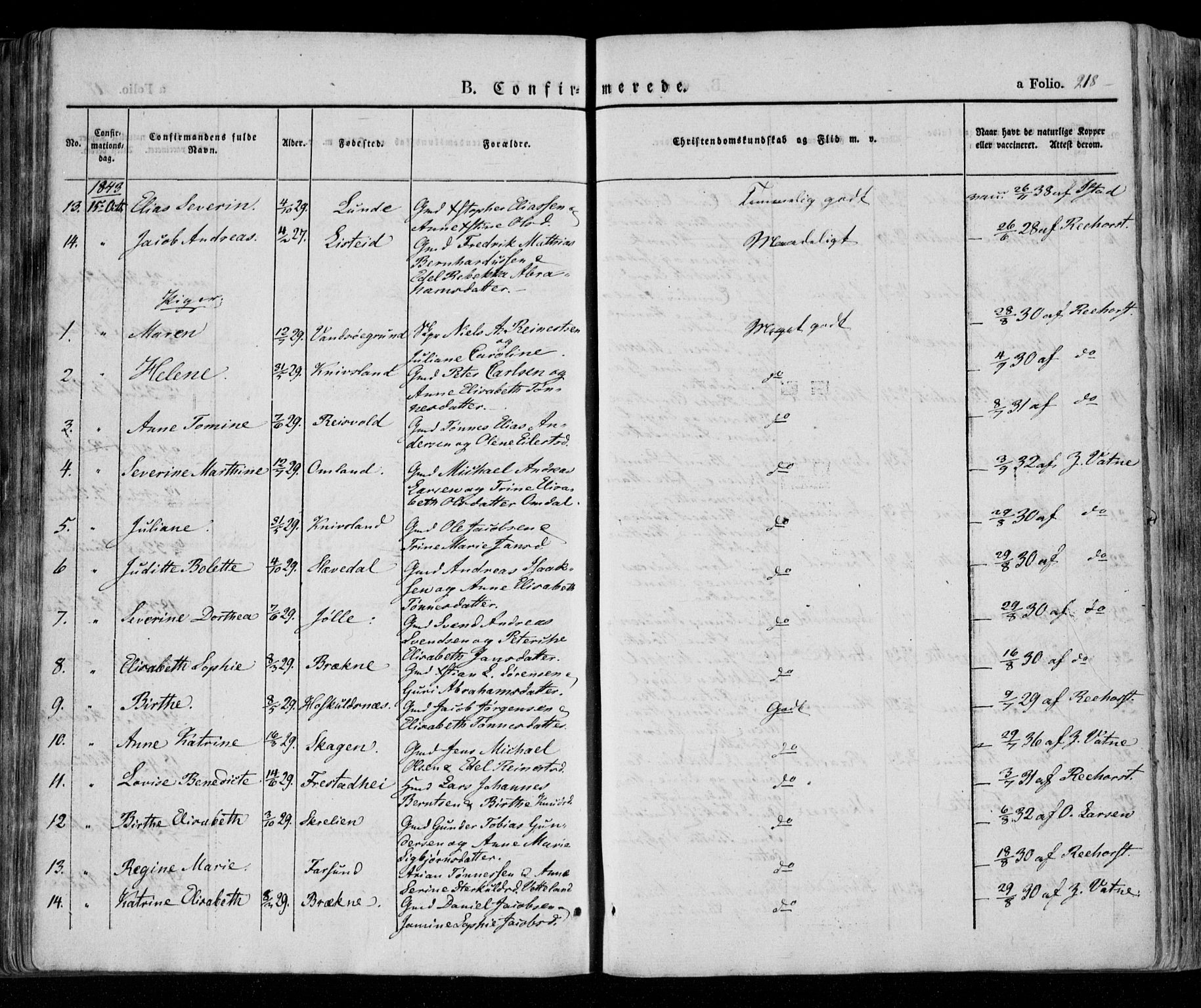 Lista sokneprestkontor, AV/SAK-1111-0027/F/Fa/L0009: Parish register (official) no. A 9, 1835-1846, p. 218