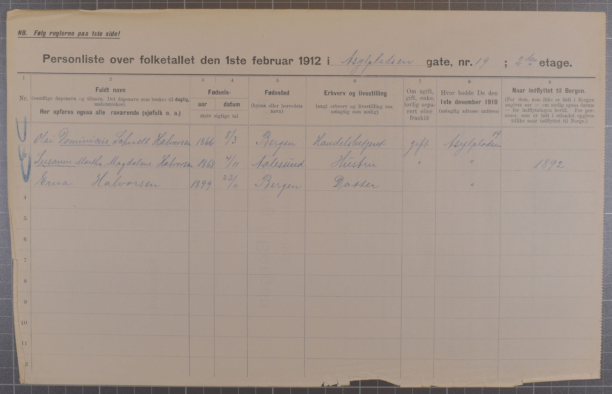 SAB, Municipal Census 1912 for Bergen, 1912, p. 1691