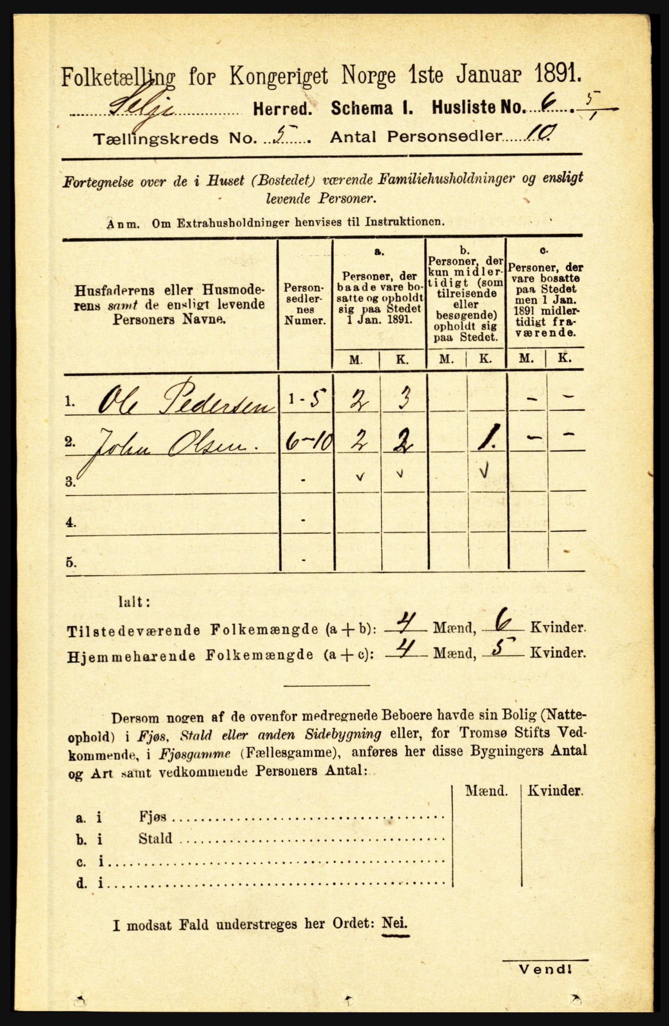 RA, 1891 census for 1441 Selje, 1891, p. 1357