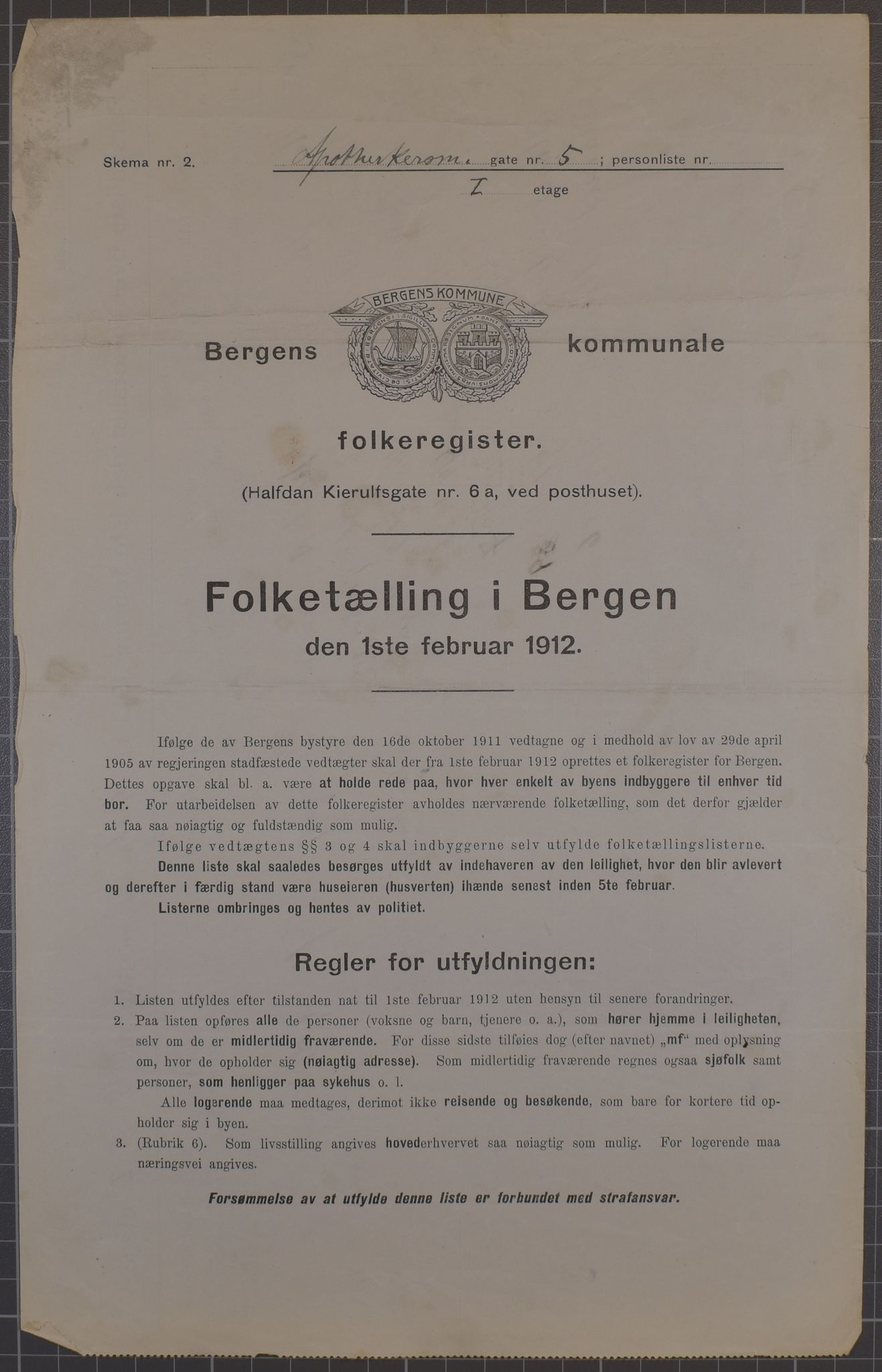 SAB, Municipal Census 1912 for Bergen, 1912, p. 1488