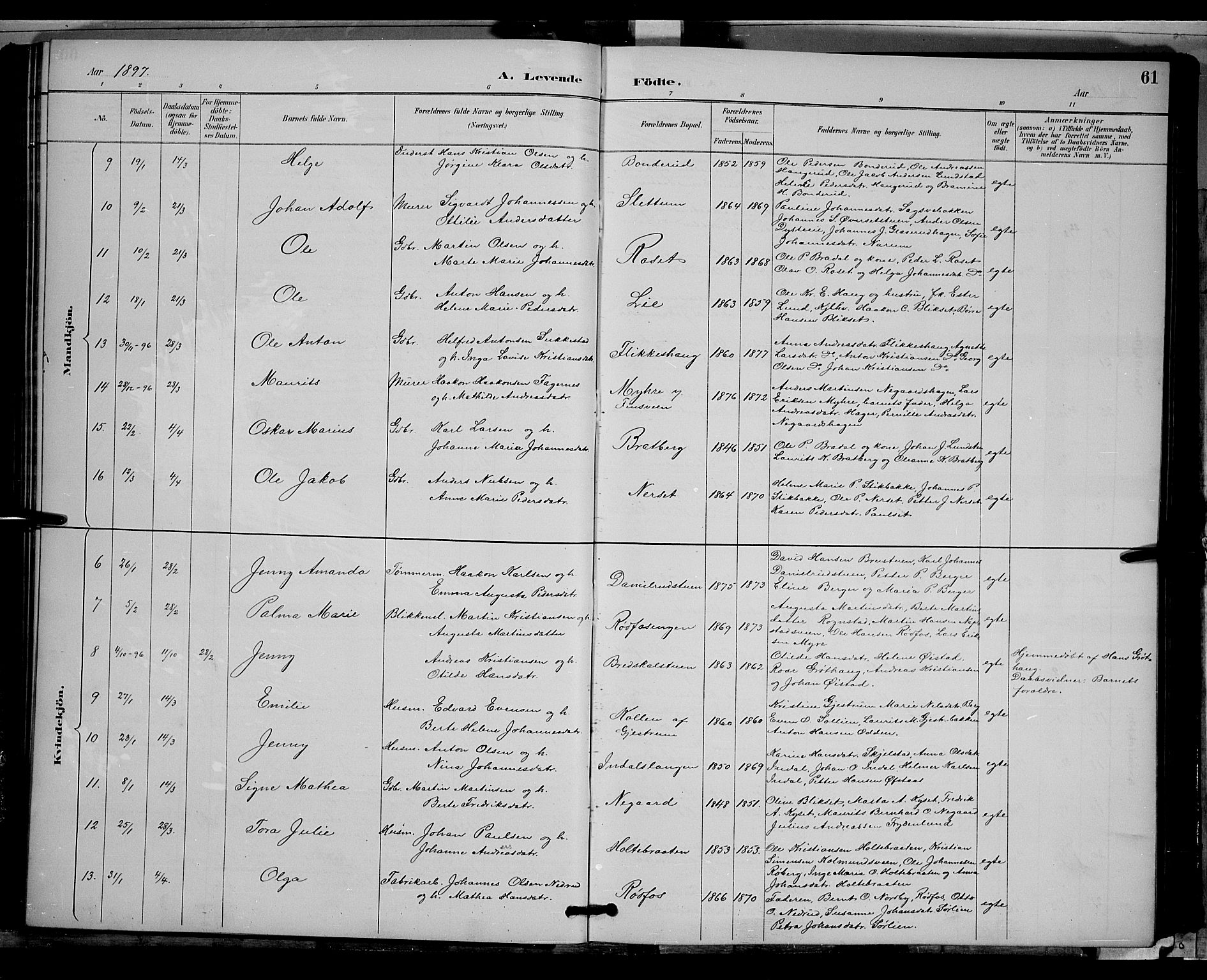 Vestre Toten prestekontor, SAH/PREST-108/H/Ha/Hab/L0009: Parish register (copy) no. 9, 1888-1900, p. 61