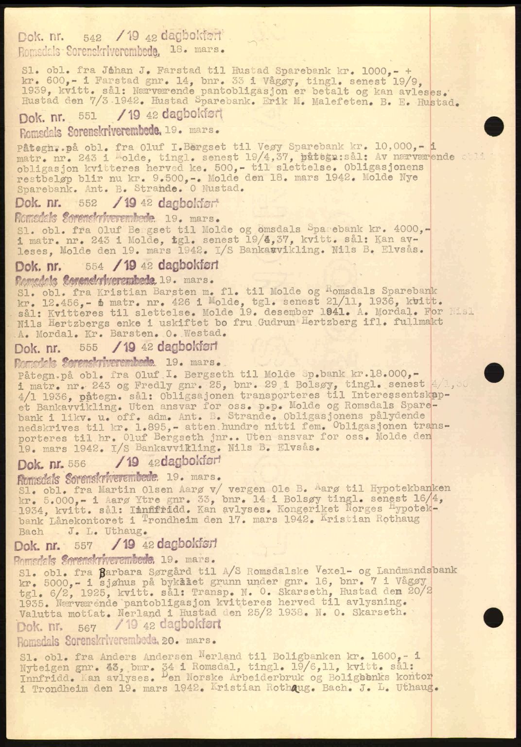 Romsdal sorenskriveri, AV/SAT-A-4149/1/2/2C: Mortgage book no. C1a, 1936-1945, Diary no: : 542/1942