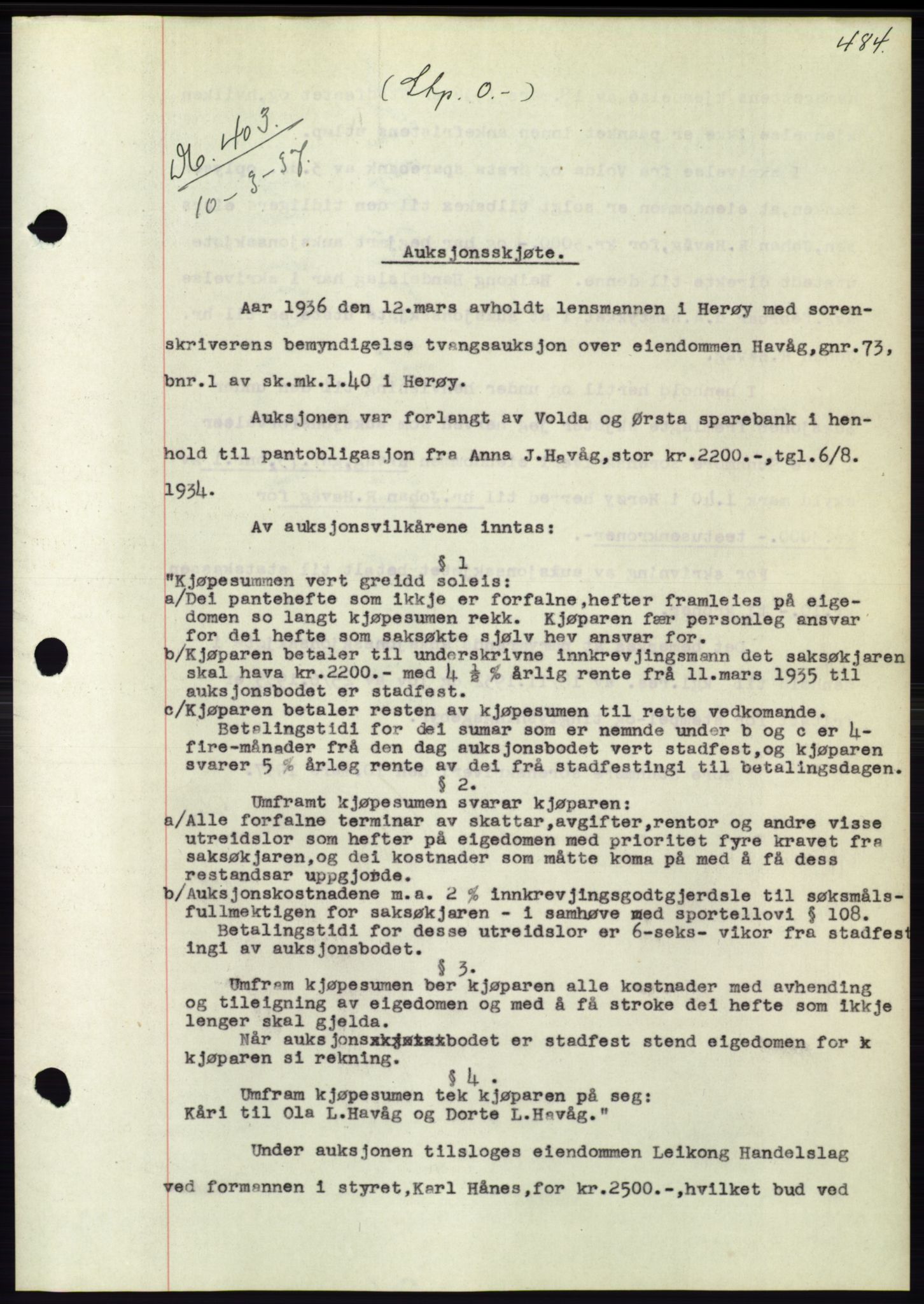 Søre Sunnmøre sorenskriveri, AV/SAT-A-4122/1/2/2C/L0062: Mortgage book no. 56, 1936-1937, Diary no: : 403/1937