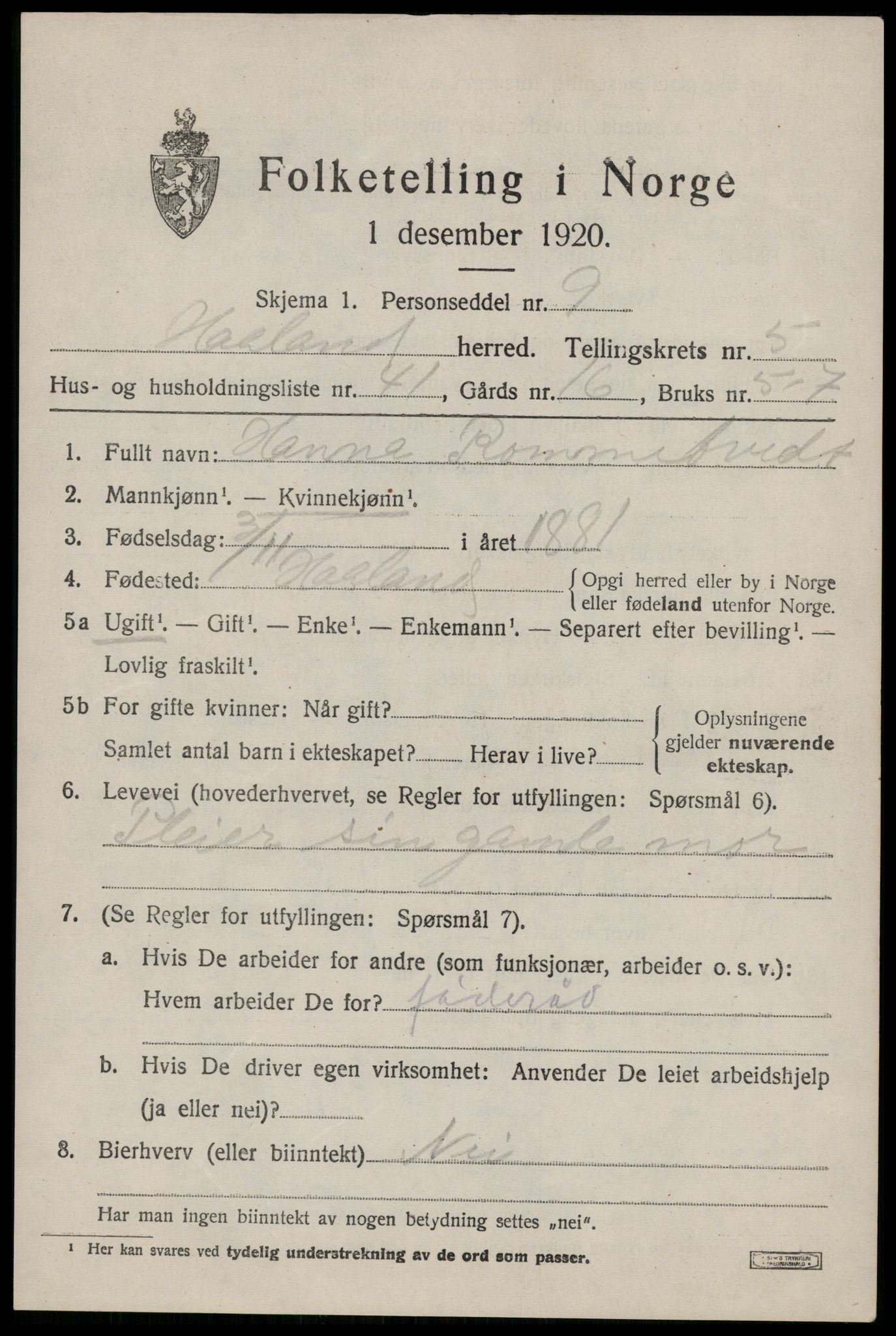 SAST, 1920 census for Håland, 1920, p. 5033