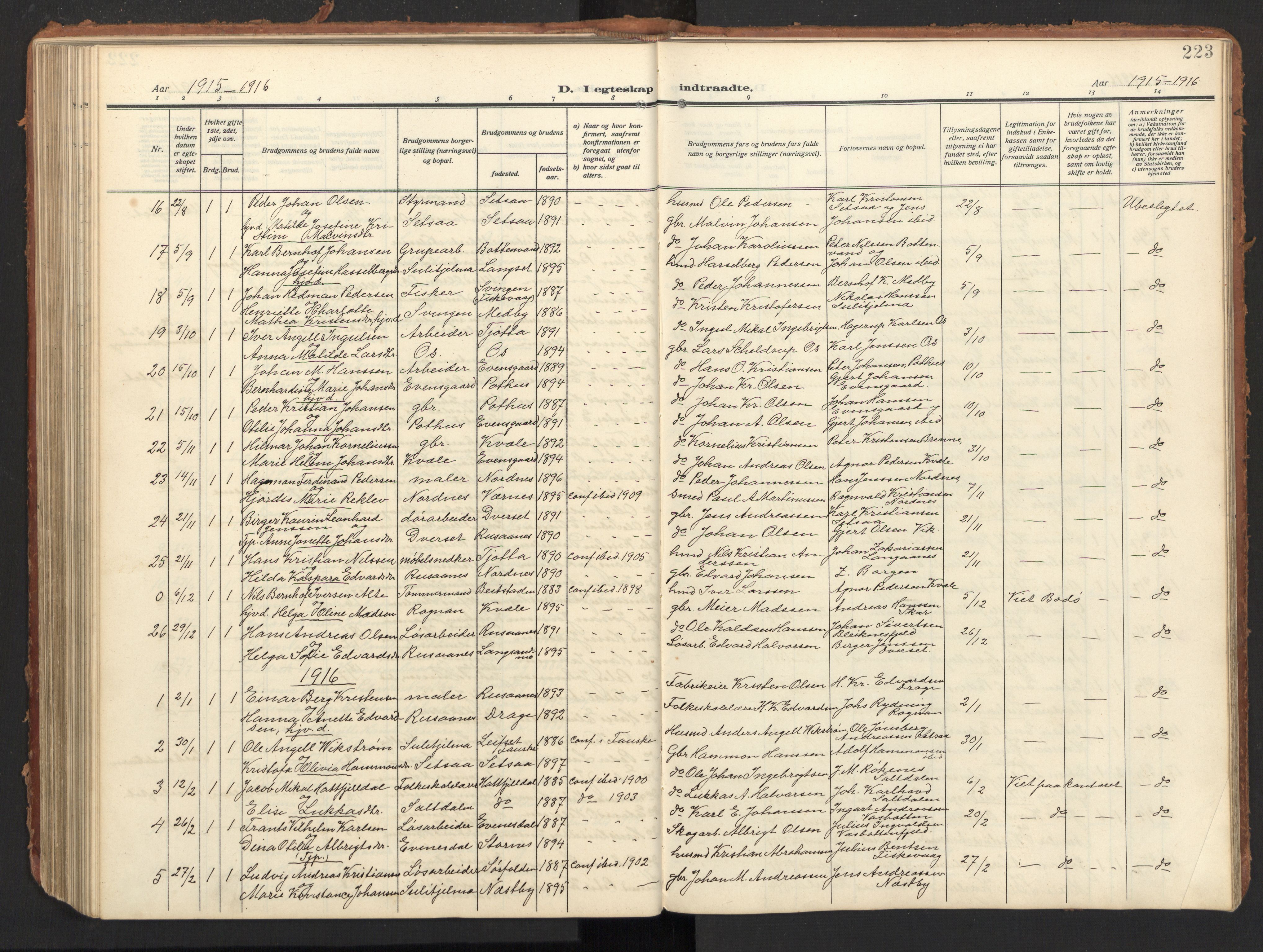 Ministerialprotokoller, klokkerbøker og fødselsregistre - Nordland, SAT/A-1459/847/L0683: Parish register (copy) no. 847C11, 1908-1929, p. 223