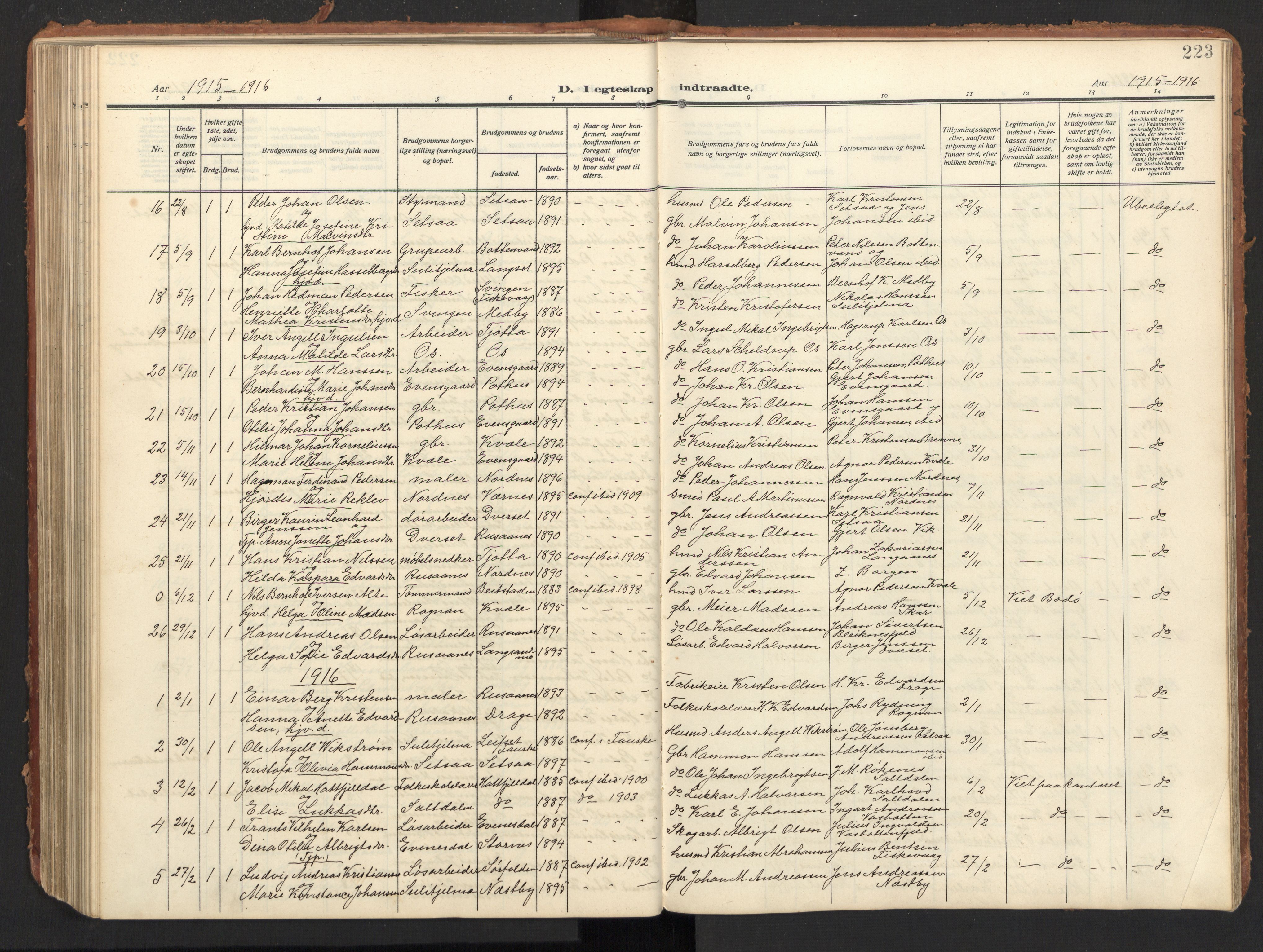 Ministerialprotokoller, klokkerbøker og fødselsregistre - Nordland, AV/SAT-A-1459/847/L0683: Parish register (copy) no. 847C11, 1908-1929, p. 223