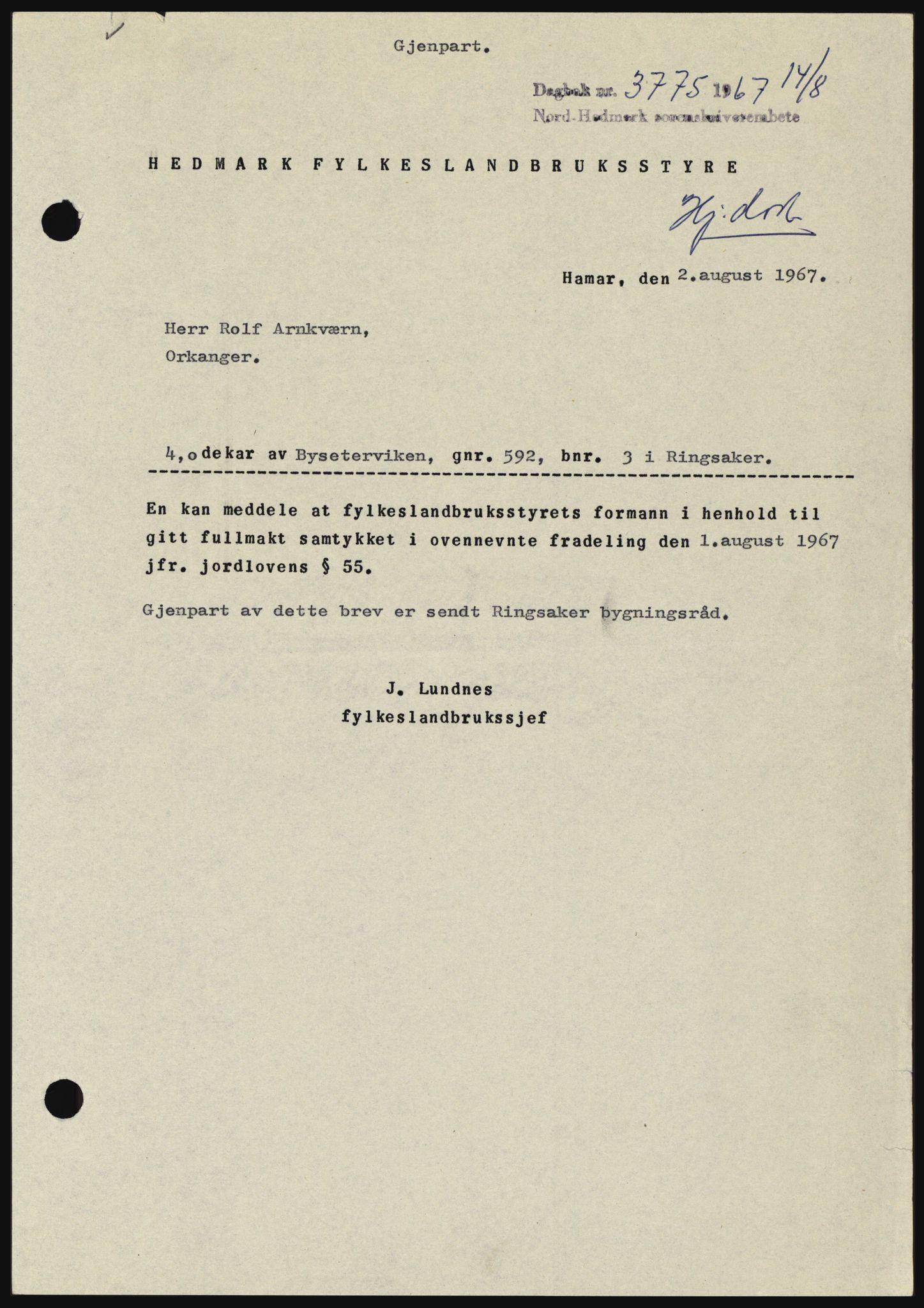 Nord-Hedmark sorenskriveri, AV/SAH-TING-012/H/Hc/L0026: Mortgage book no. 26, 1967-1967, Diary no: : 3775/1967