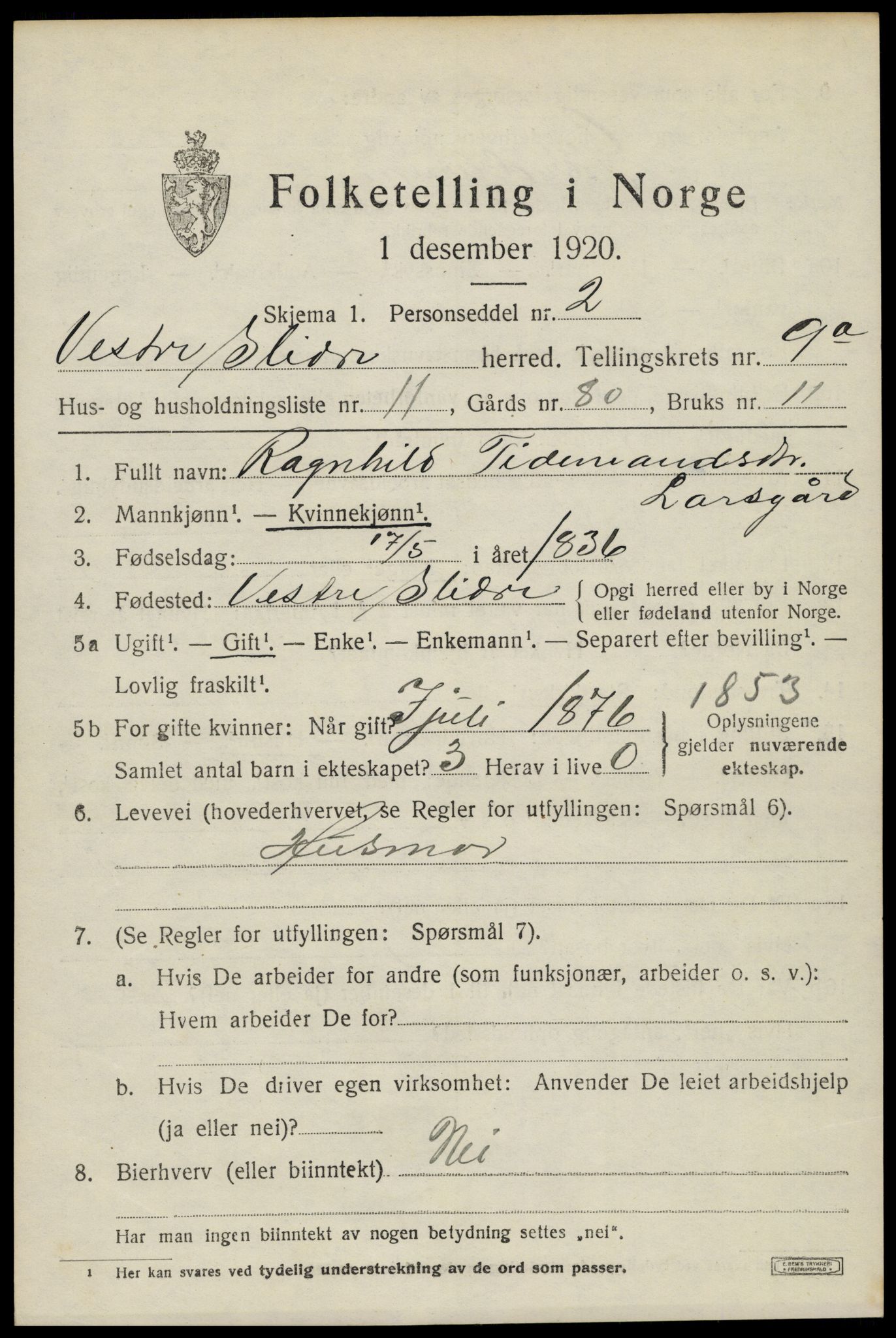 SAH, 1920 census for Vestre Slidre, 1920, p. 5064