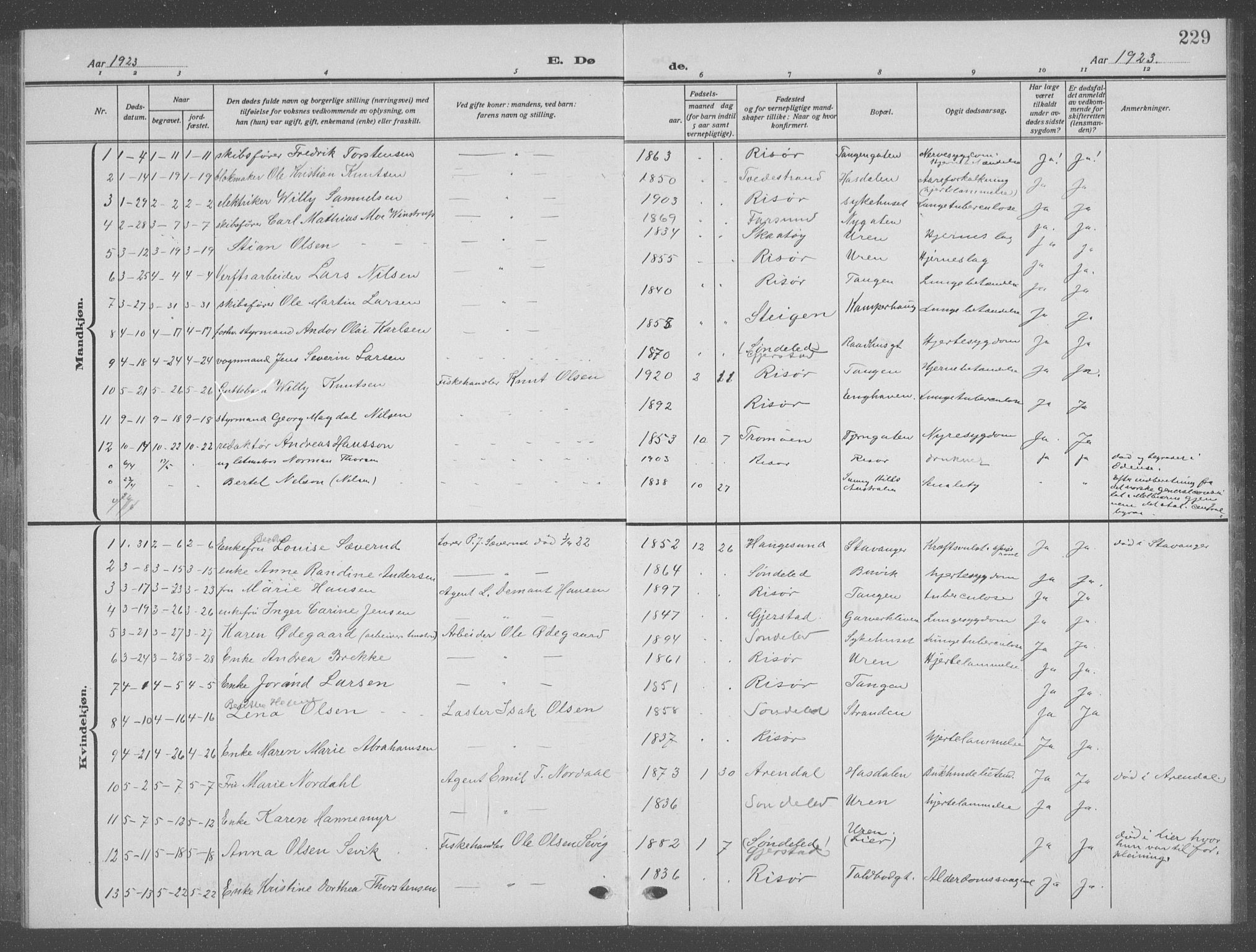 Risør sokneprestkontor, SAK/1111-0035/F/Fb/L0009: Parish register (copy) no. B 9, 1922-1939, p. 229