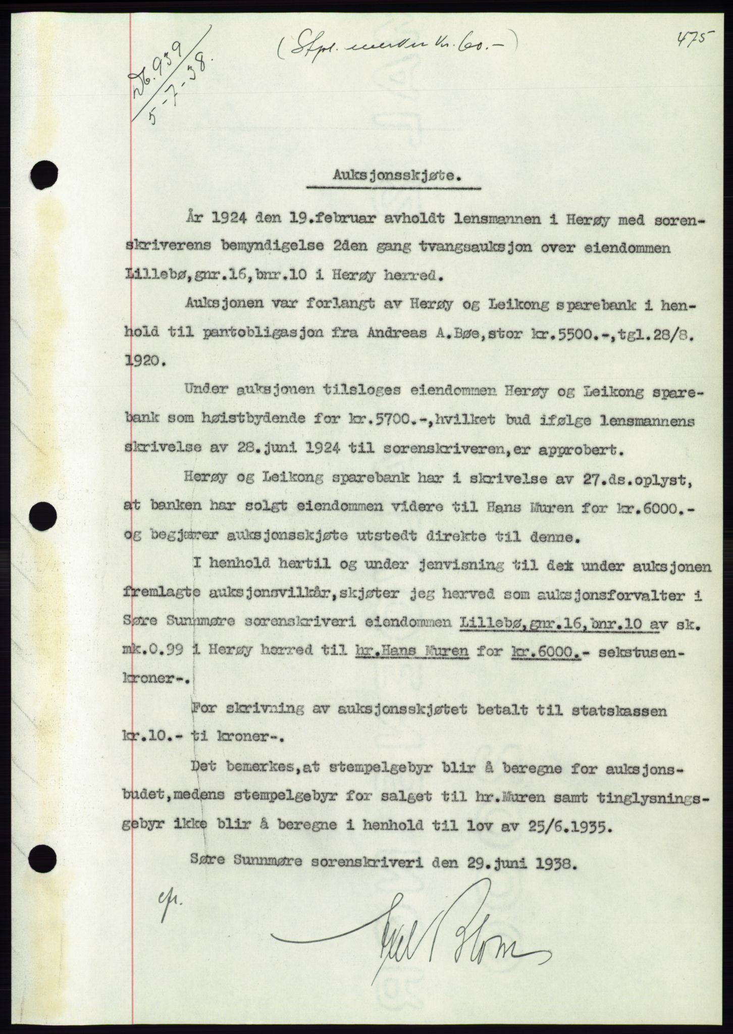 Søre Sunnmøre sorenskriveri, AV/SAT-A-4122/1/2/2C/L0065: Mortgage book no. 59, 1938-1938, Diary no: : 939/1938