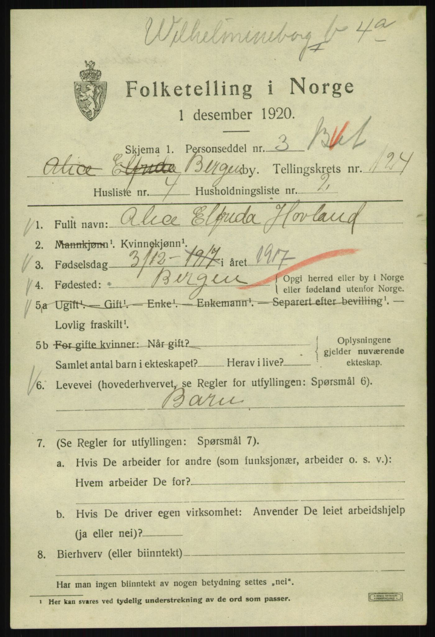 SAB, 1920 census for Bergen, 1920, p. 209279