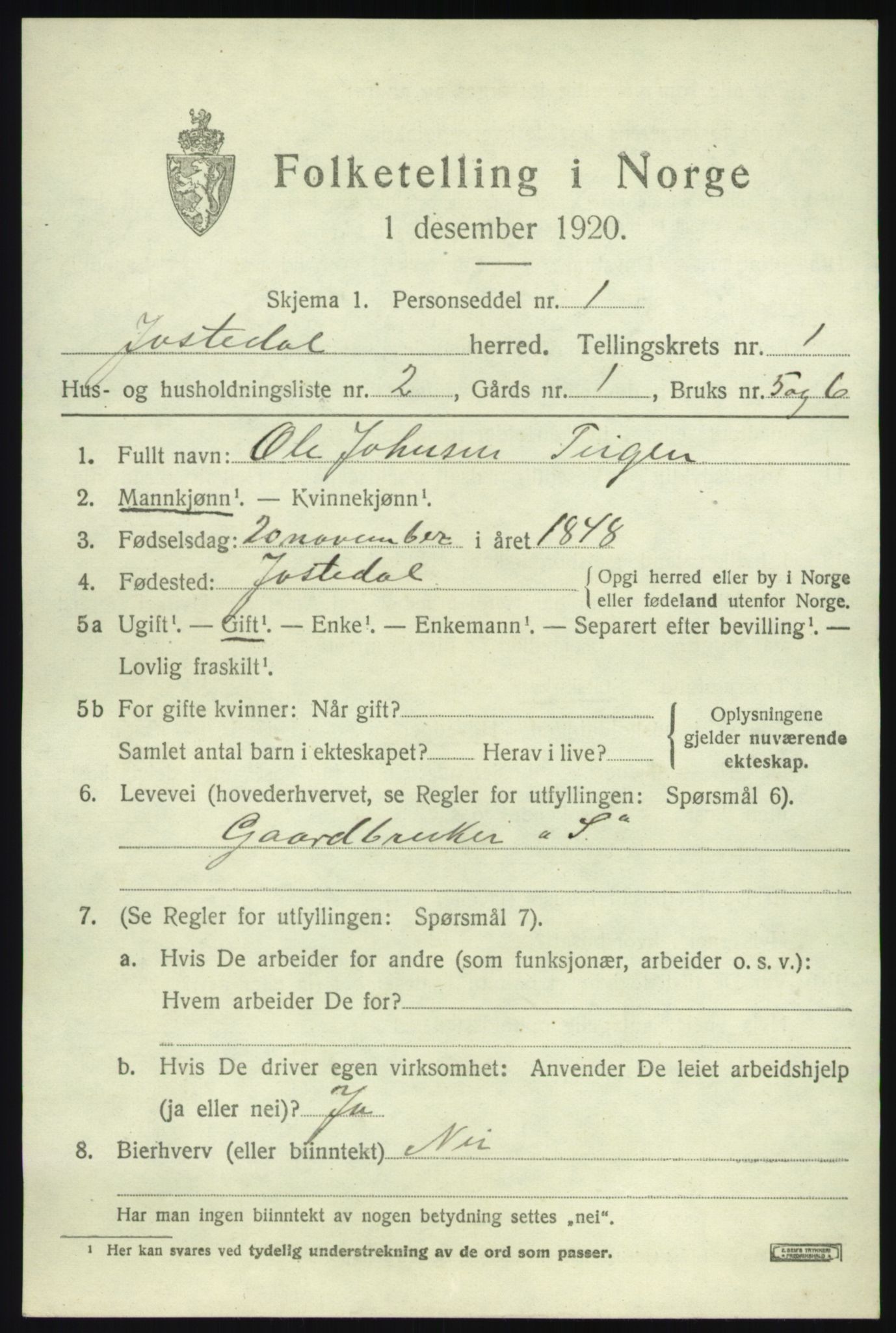 SAB, 1920 census for Jostedal, 1920, p. 318