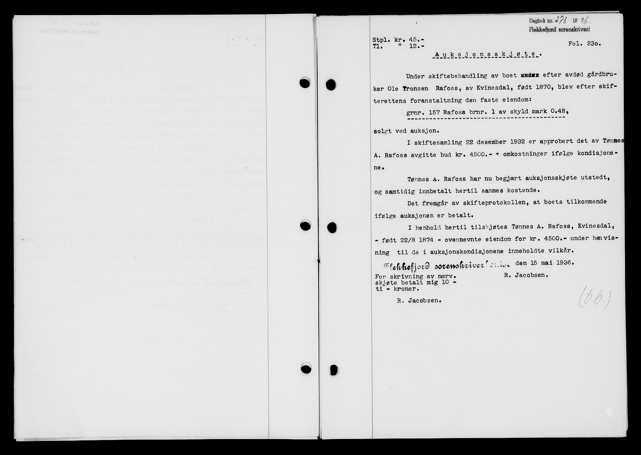 Flekkefjord sorenskriveri, SAK/1221-0001/G/Gb/Gba/L0053: Mortgage book no. A-1, 1936-1937, Diary no: : 276/1936