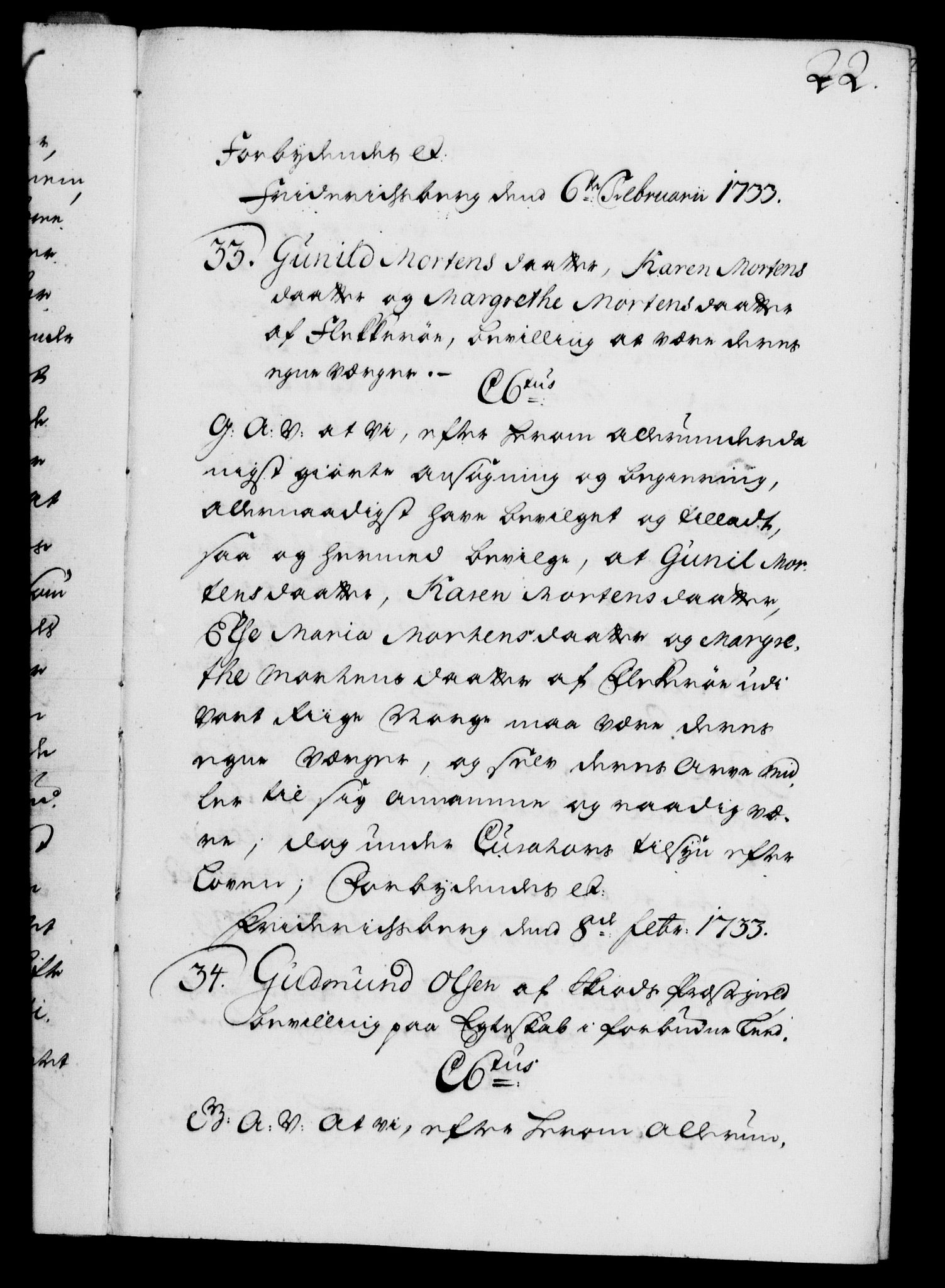 Danske Kanselli 1572-1799, AV/RA-EA-3023/F/Fc/Fca/Fcaa/L0028: Norske registre, 1733-1734, p. 22a