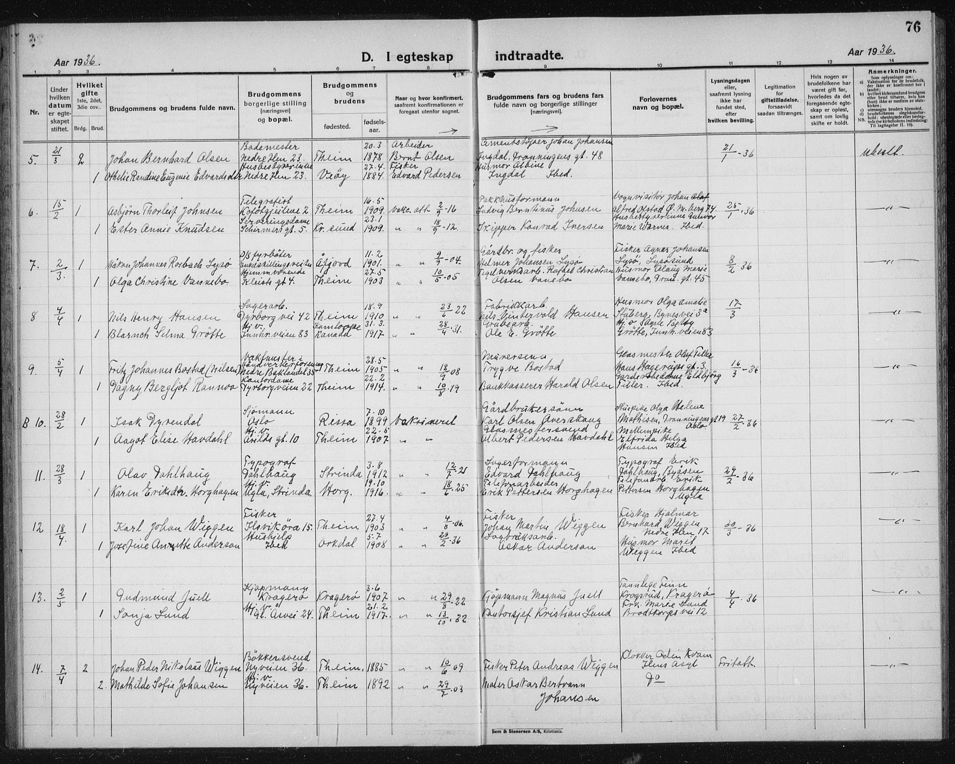 Ministerialprotokoller, klokkerbøker og fødselsregistre - Sør-Trøndelag, SAT/A-1456/603/L0176: Parish register (copy) no. 603C04, 1923-1941, p. 76