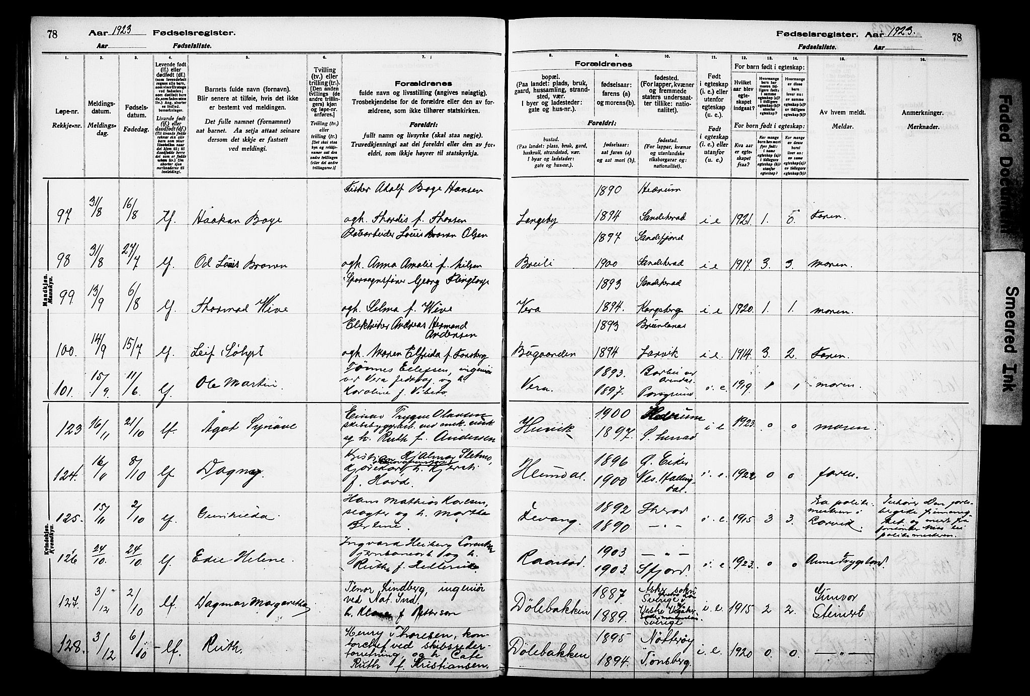 Sandar kirkebøker, AV/SAKO-A-243/J/Ja/L0002: Birth register no. 2, 1922-1929, p. 78