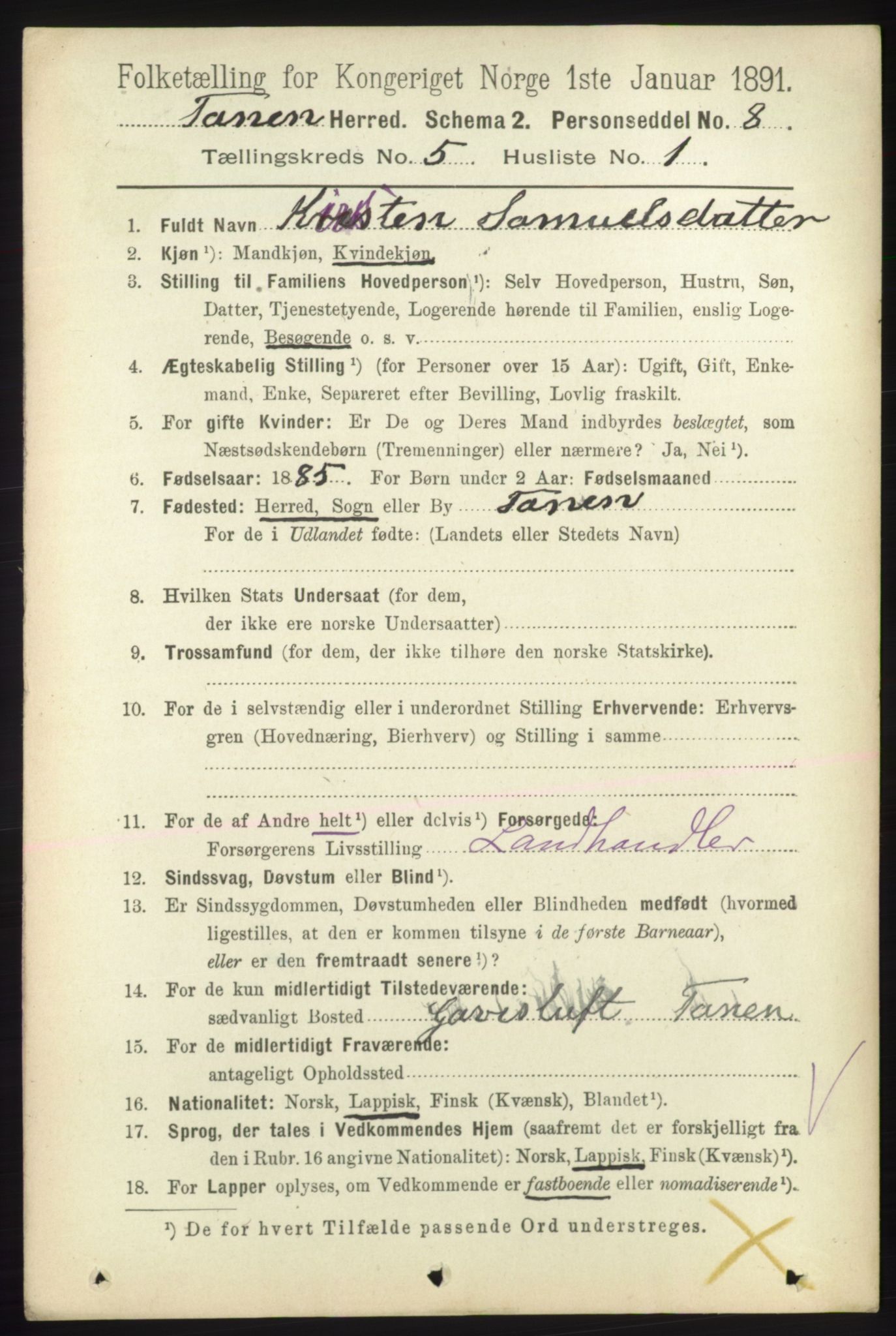 RA, 1891 census for 2025 Tana, 1891, p. 2001