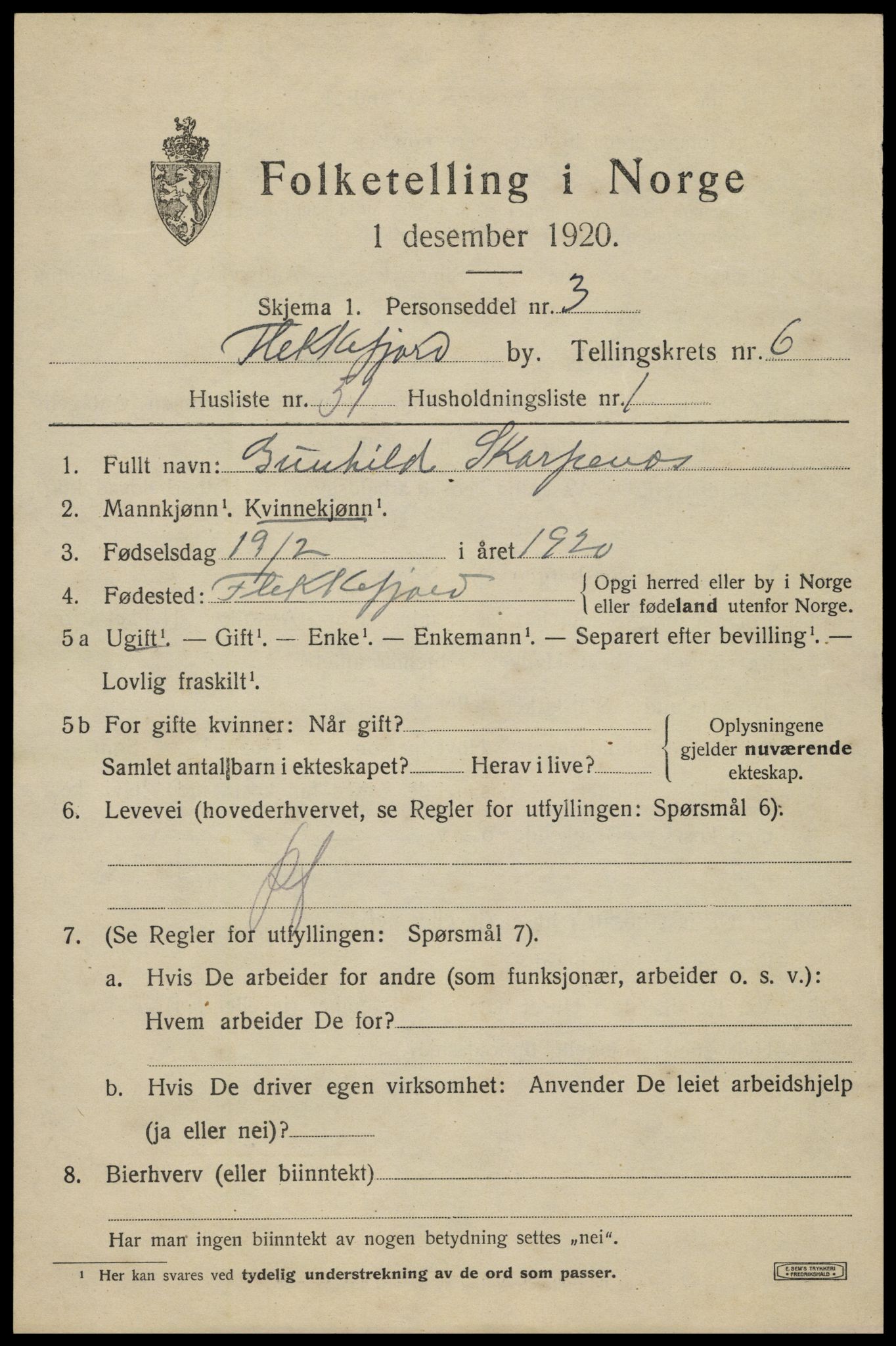 SAK, 1920 census for Flekkefjord, 1920, p. 6386