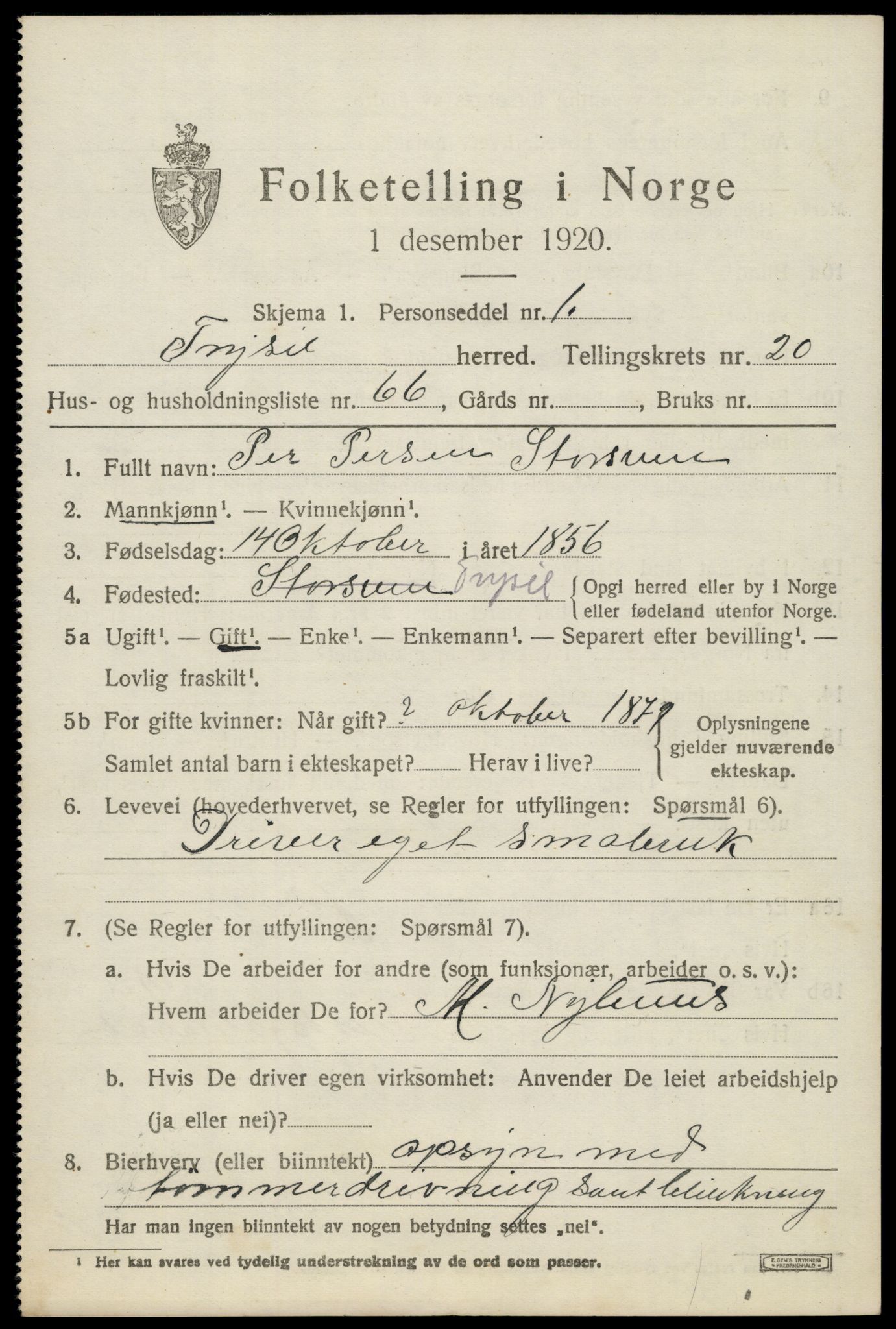 SAH, 1920 census for Trysil, 1920, p. 13745