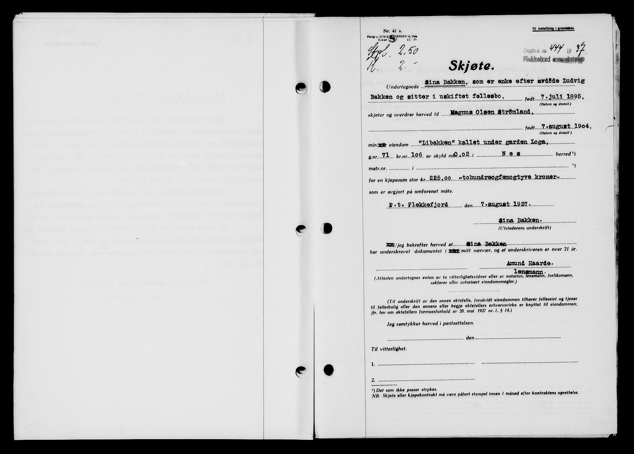 Flekkefjord sorenskriveri, SAK/1221-0001/G/Gb/Gba/L0053: Mortgage book no. A-1, 1936-1937, Diary no: : 444/1937