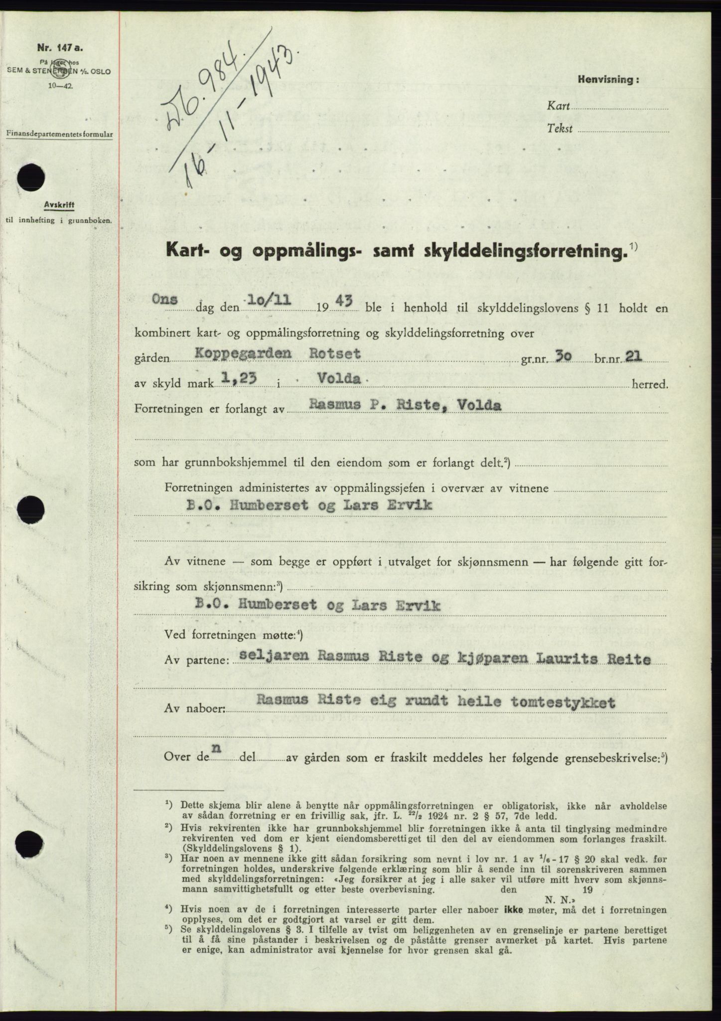 Søre Sunnmøre sorenskriveri, AV/SAT-A-4122/1/2/2C/L0075: Mortgage book no. 1A, 1943-1943, Diary no: : 984/1943