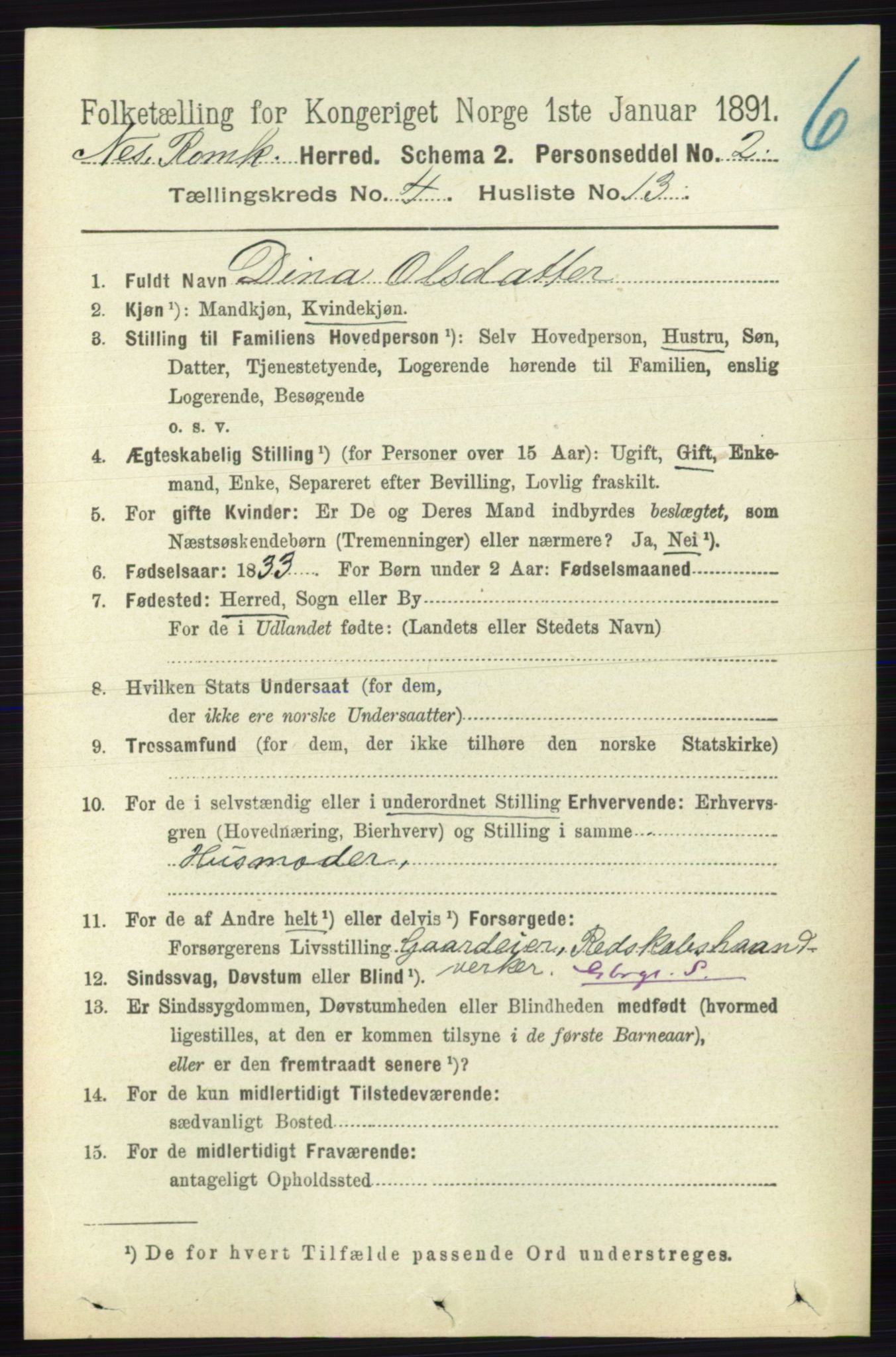 RA, 1891 census for 0236 Nes, 1891, p. 2331