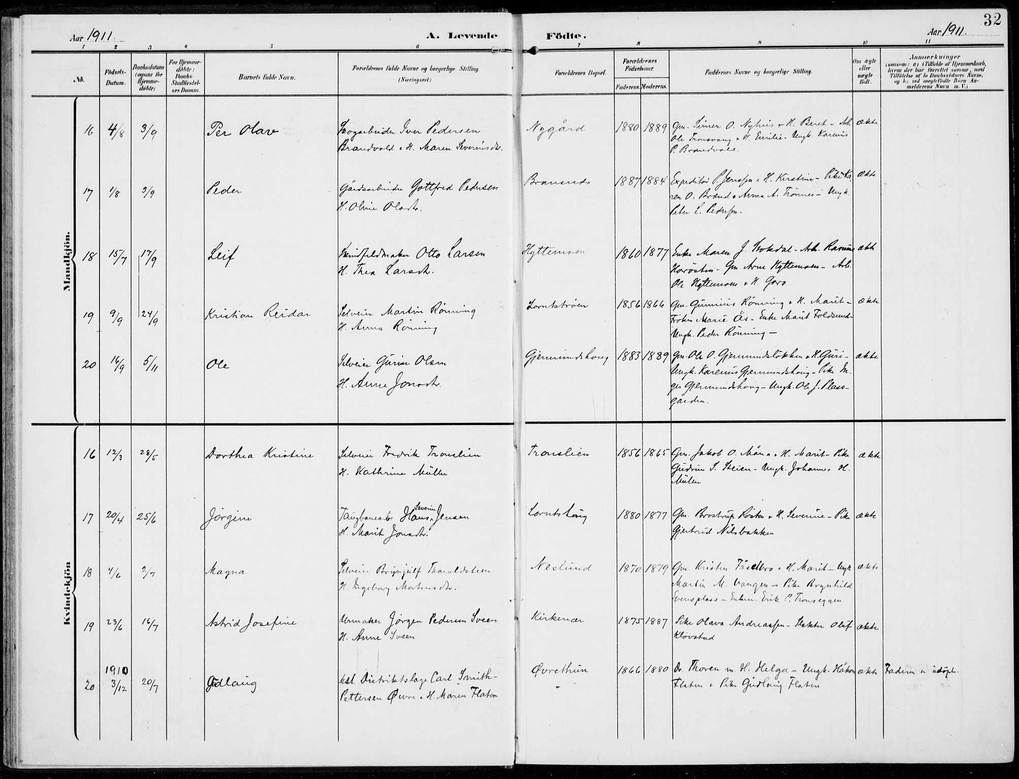 Alvdal prestekontor, AV/SAH-PREST-060/H/Ha/Haa/L0004: Parish register (official) no. 4, 1907-1919, p. 32