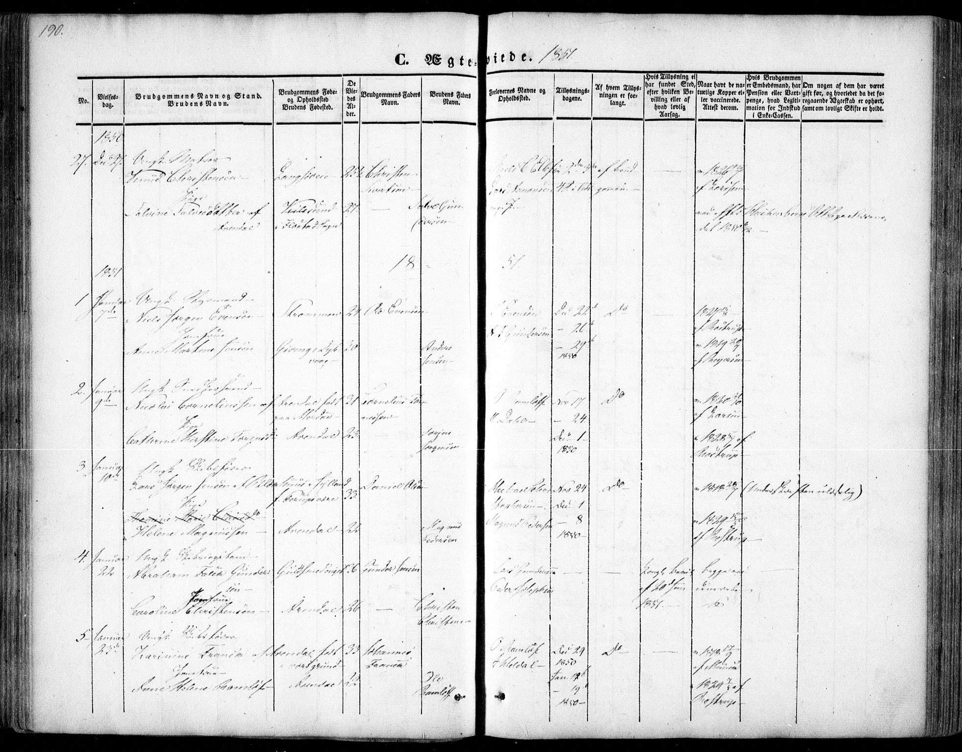Arendal sokneprestkontor, Trefoldighet, SAK/1111-0040/F/Fa/L0005: Parish register (official) no. A 5, 1838-1854, p. 190