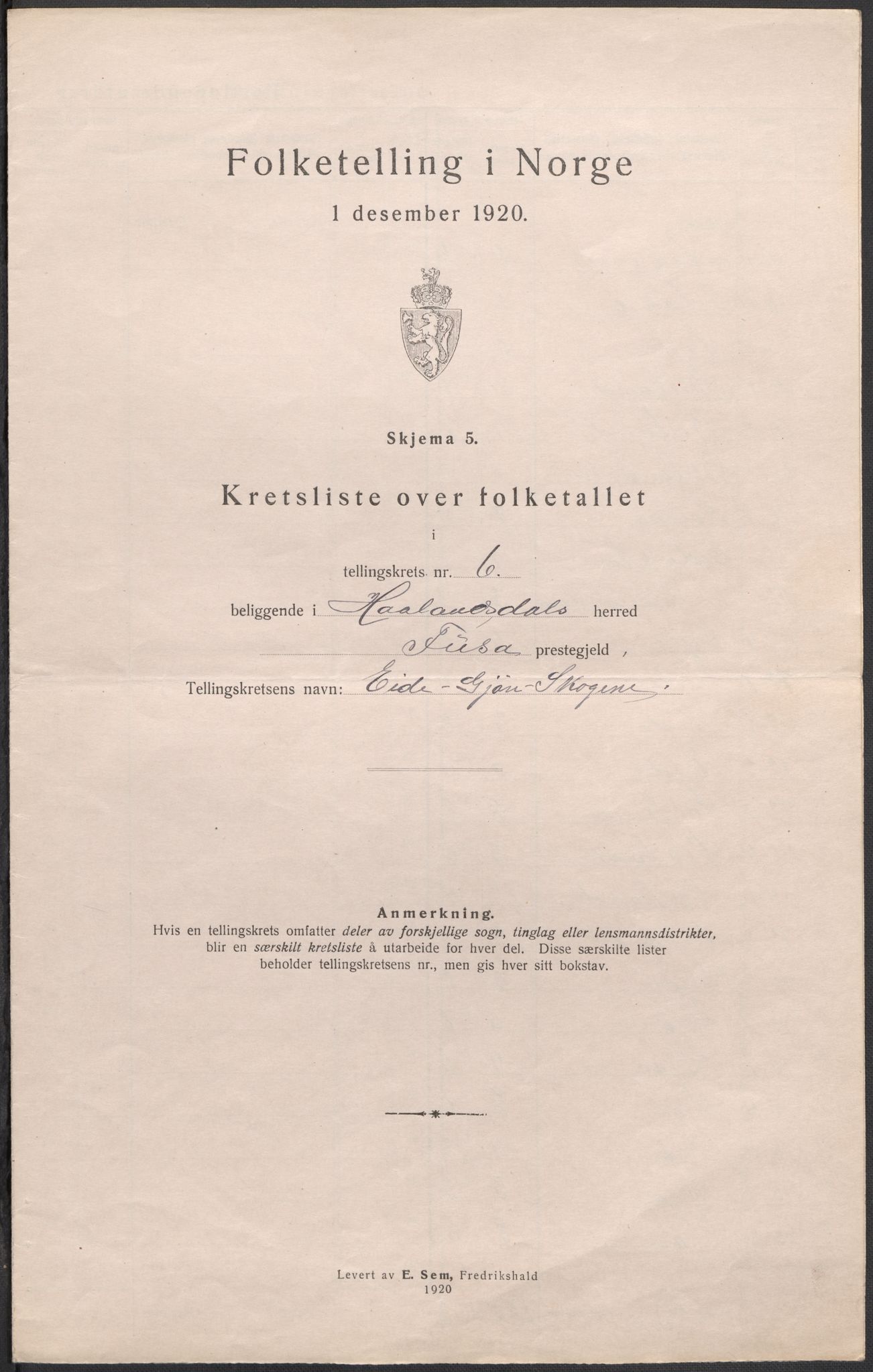 SAB, 1920 census for Hålandsdal, 1920, p. 20