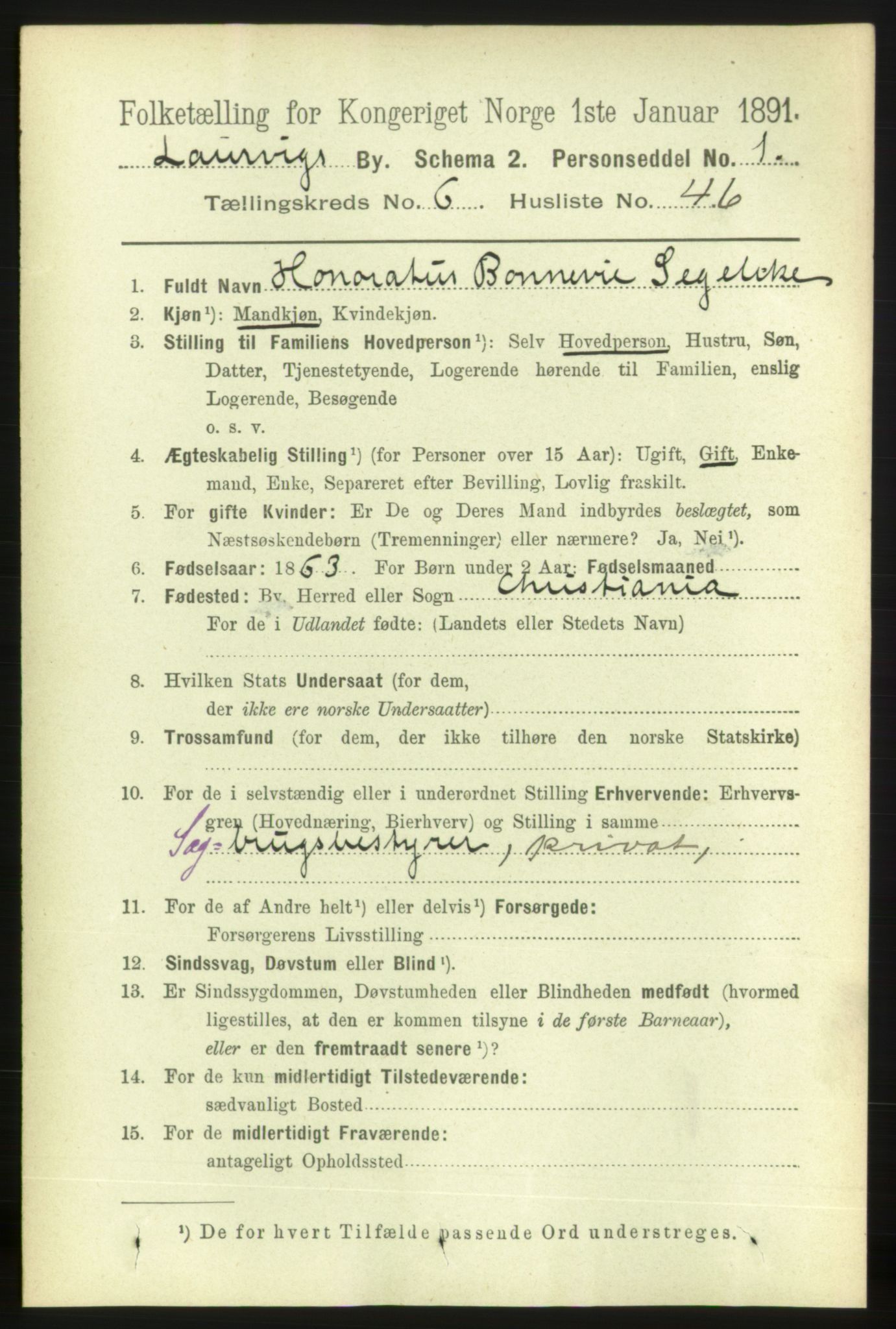 RA, 1891 census for 0707 Larvik, 1891, p. 7126