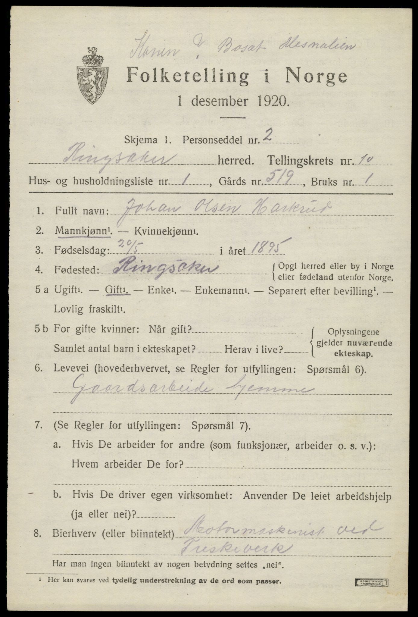 SAH, 1920 census for Ringsaker, 1920, p. 18192