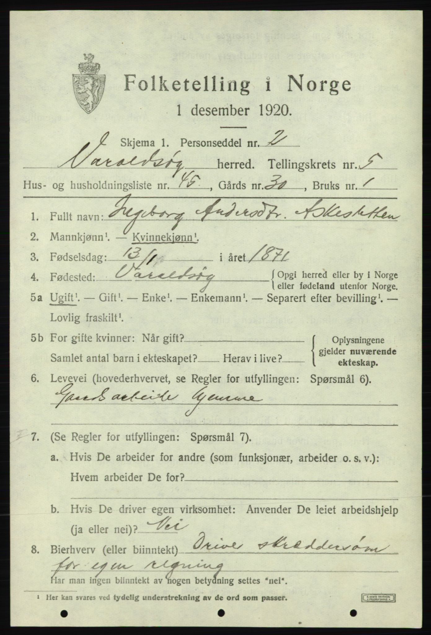 SAB, 1920 census for Varaldsøy, 1920, p. 2289