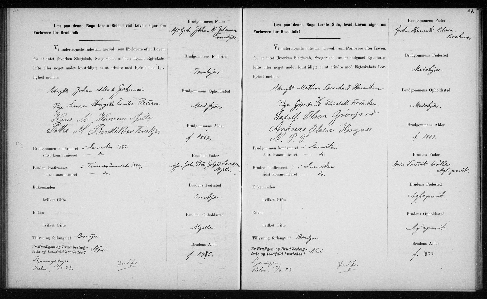 Lenvik sokneprestembete, AV/SATØ-S-1310/I/Ie/L0129: Banns register no. 129, 1890-1895, p. 63