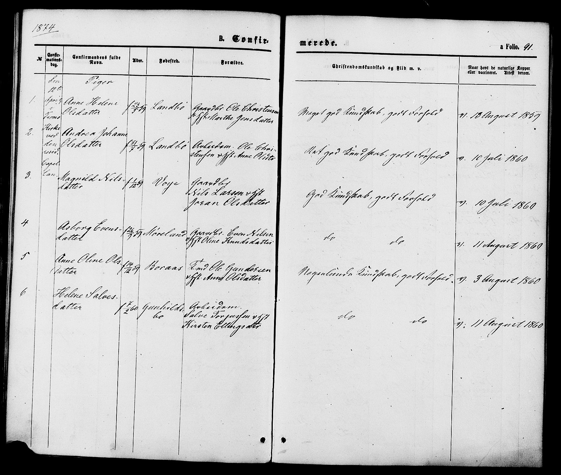 Austre Moland sokneprestkontor, SAK/1111-0001/F/Fa/Faa/L0009: Parish register (official) no. A 9, 1869-1879, p. 91