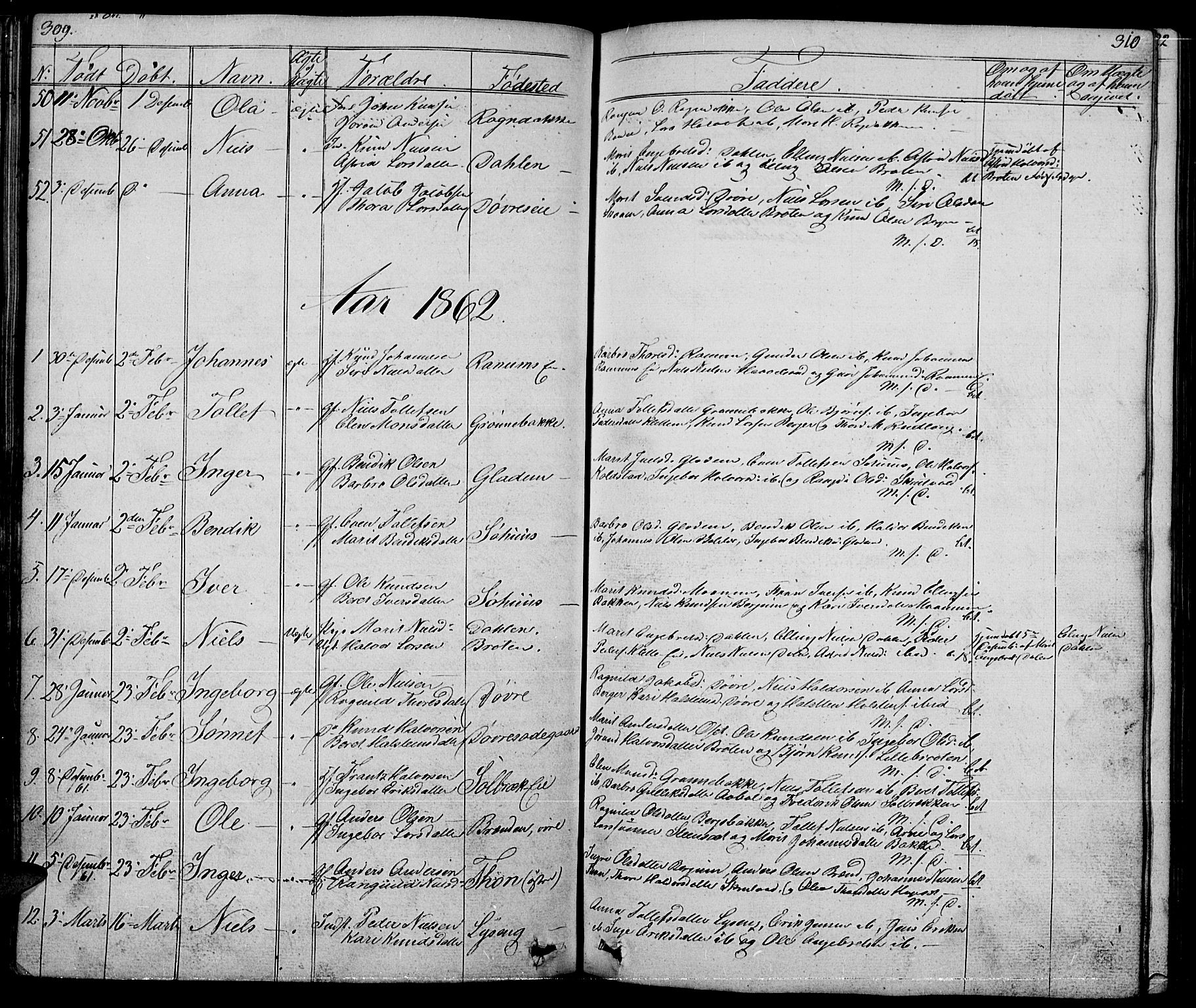 Nord-Aurdal prestekontor, SAH/PREST-132/H/Ha/Hab/L0001: Parish register (copy) no. 1, 1834-1887, p. 309-310